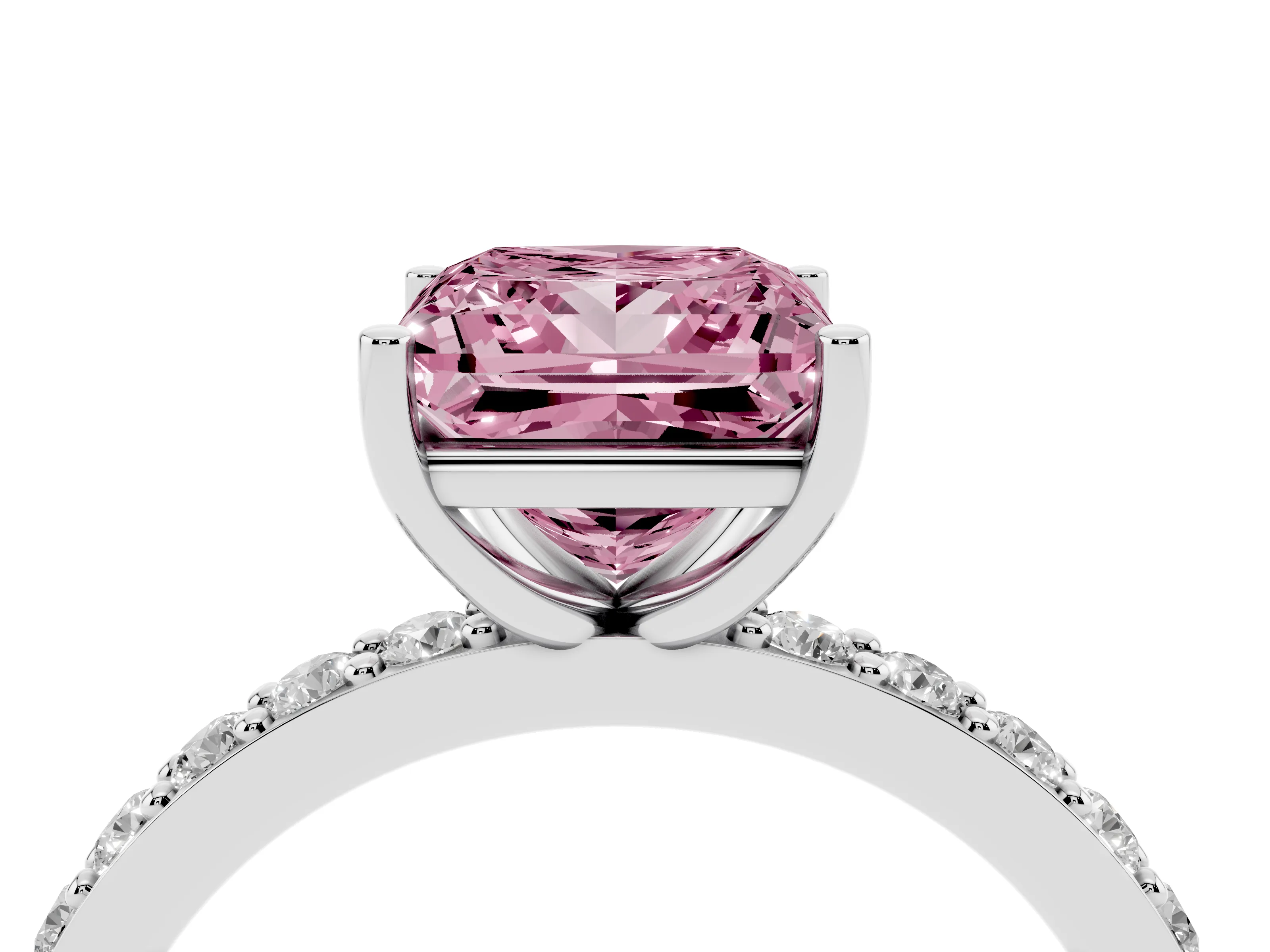 Fancy Pink Princess Cut Diamond Solitaire Set in White gold with Round Pavé Band and Prong Setting