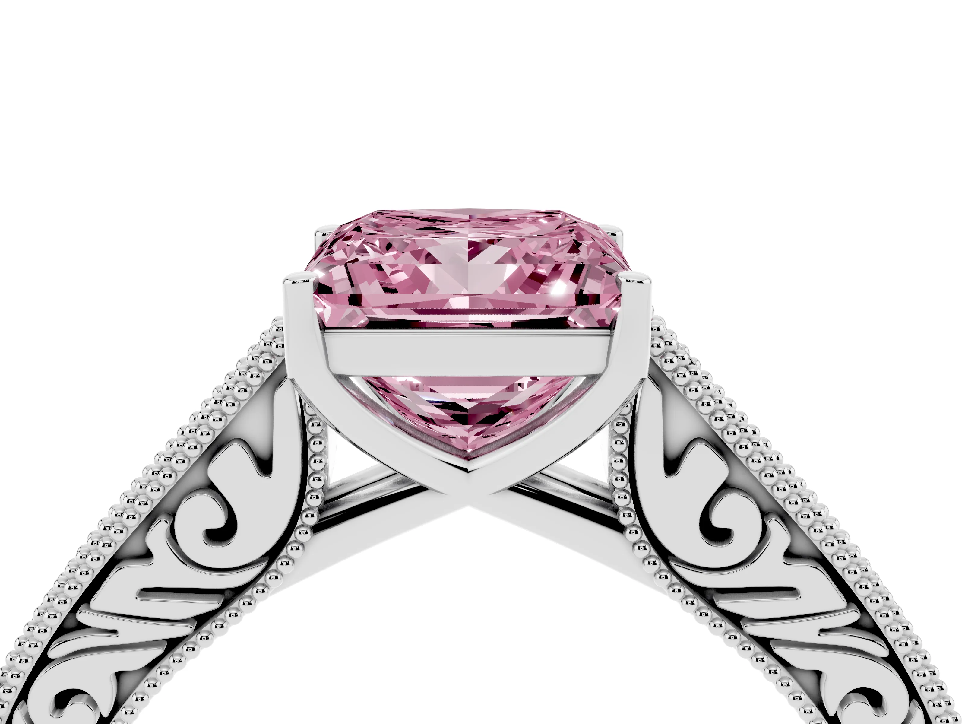 Fancy Pink Princess Cut Diamond Milgrain Pavé Band Solitaire Ring Set in Platinum with Prong Setting