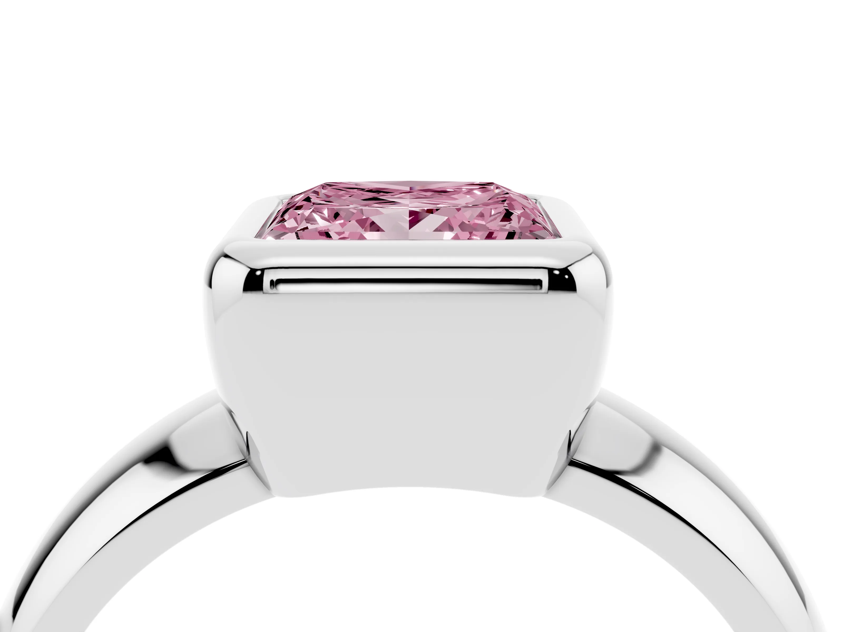 Fancy Pink Bezel Set Princess Cut Diamond Solitaire Ring Set in White gold with Wide Band