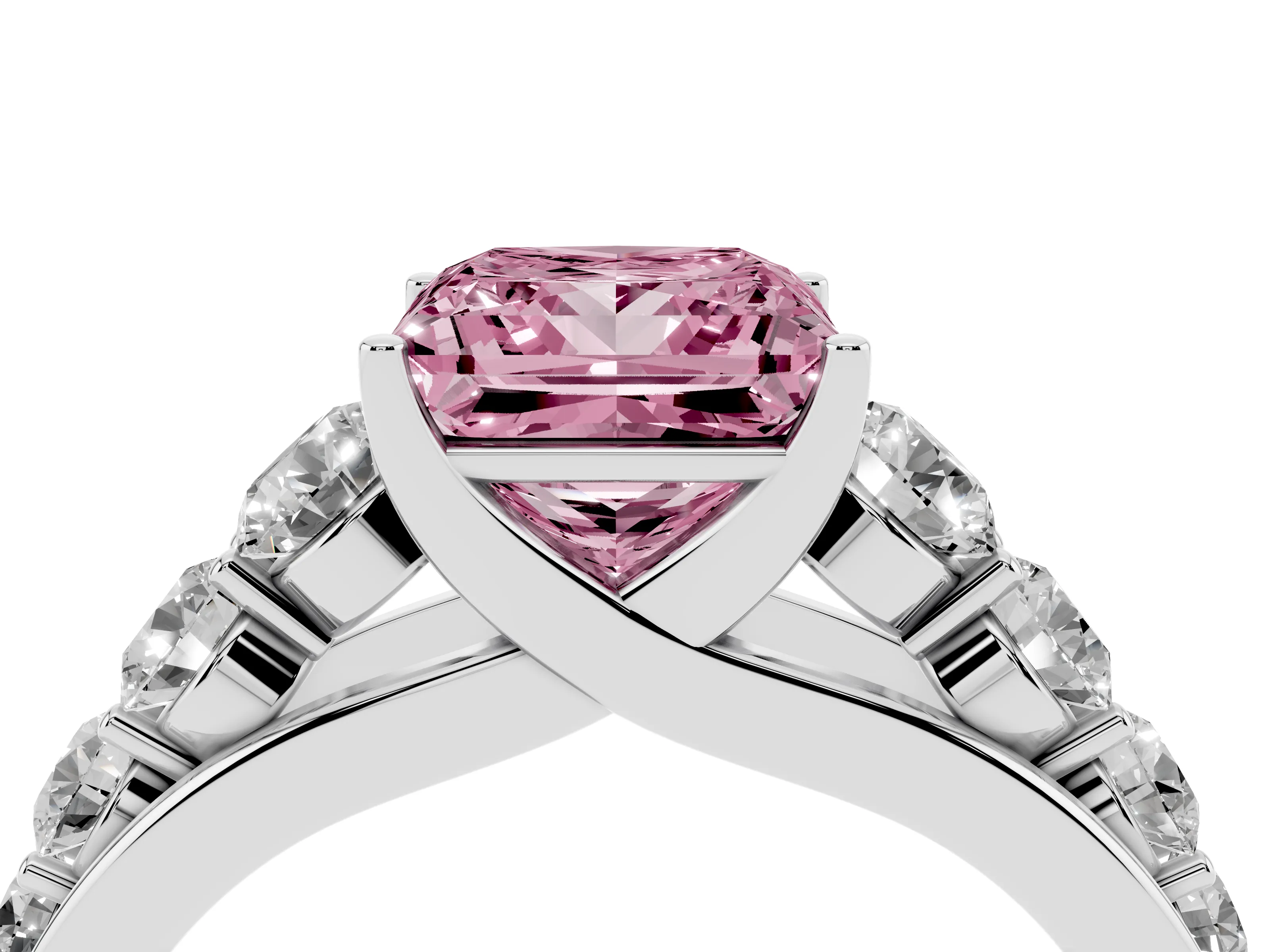 Fancy Pink Princess Cut Diamond Solitaire Ring Set in Platinum with Pavé-Set Band and Prong Setting