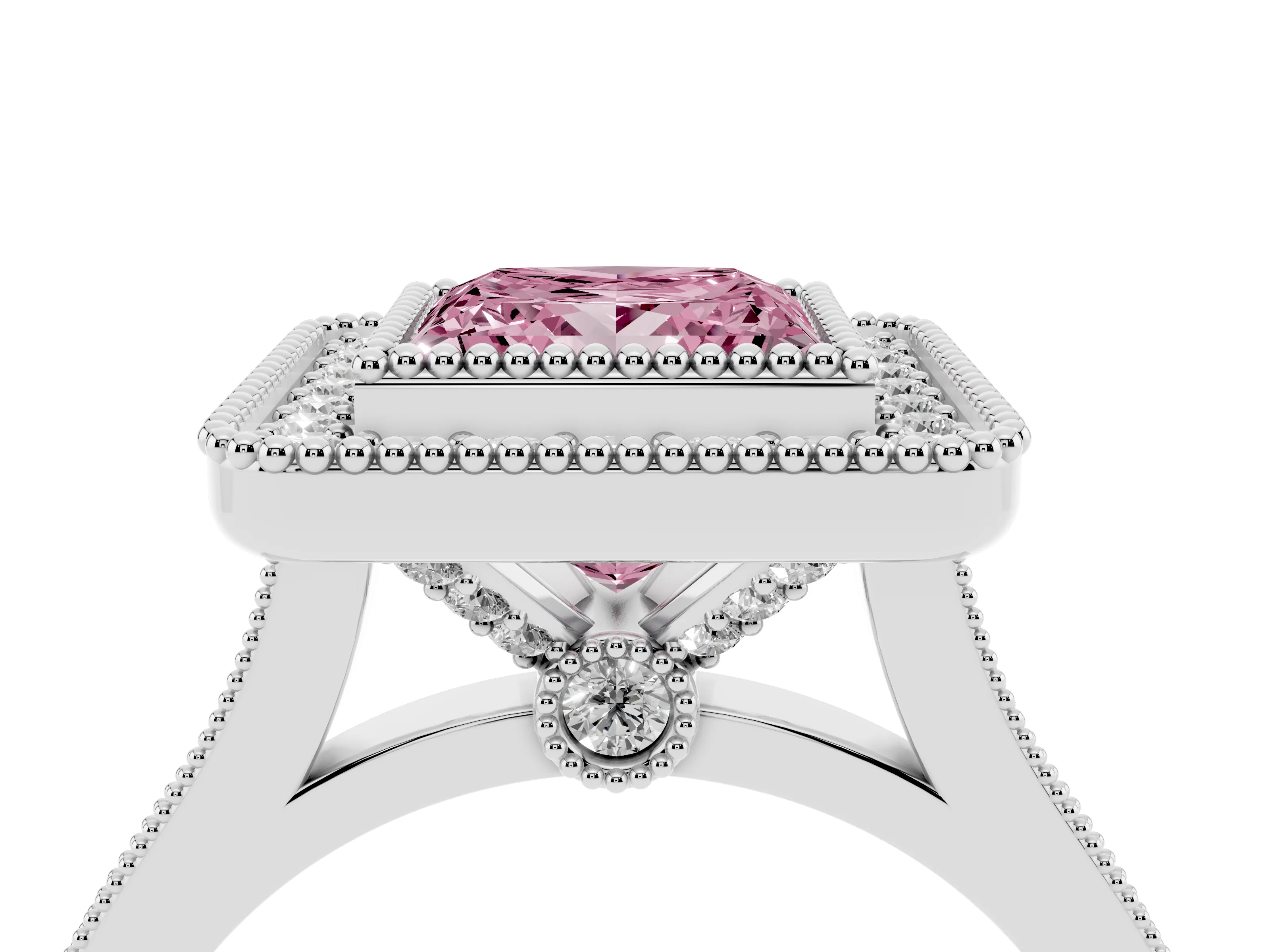 Fancy Pink Princess Cut Diamond Halo Ring Set in White gold with Milgrain Frame and Pavé Band