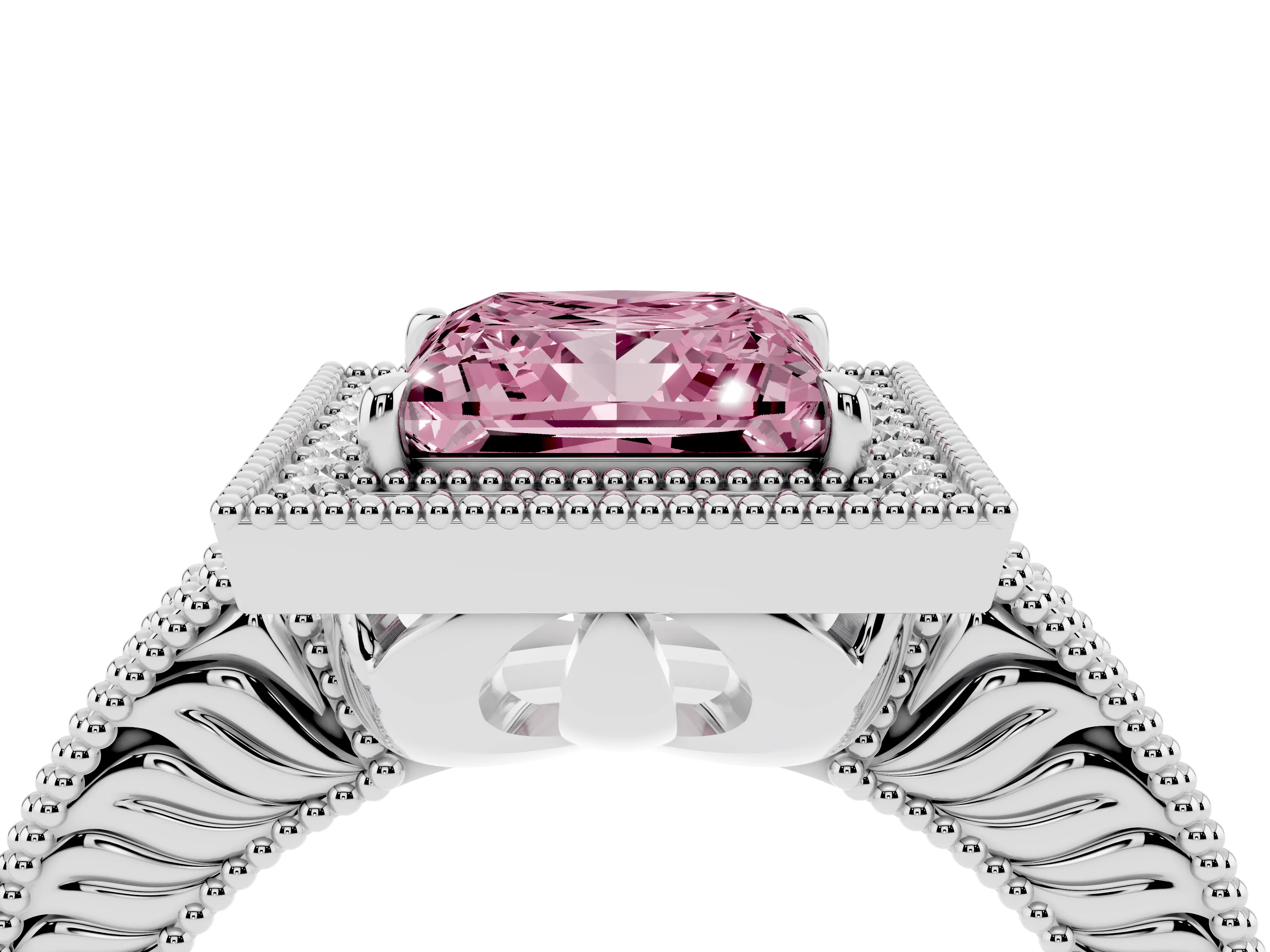 Fancy Pink Princess Cut Diamond Halo Ring Set in White gold with Round Accent Halo, Pavé Band and Prong Setting