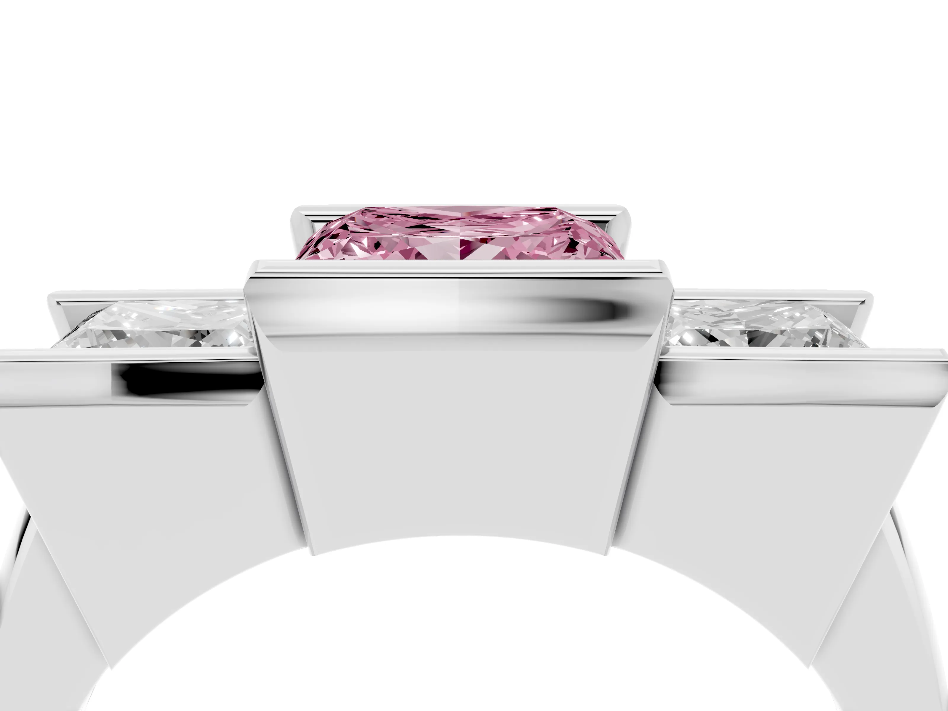 Fancy Pink Princess Cut Diamond Three-Stone Channel Set Ring Set in Platinum with Smooth Polished Band