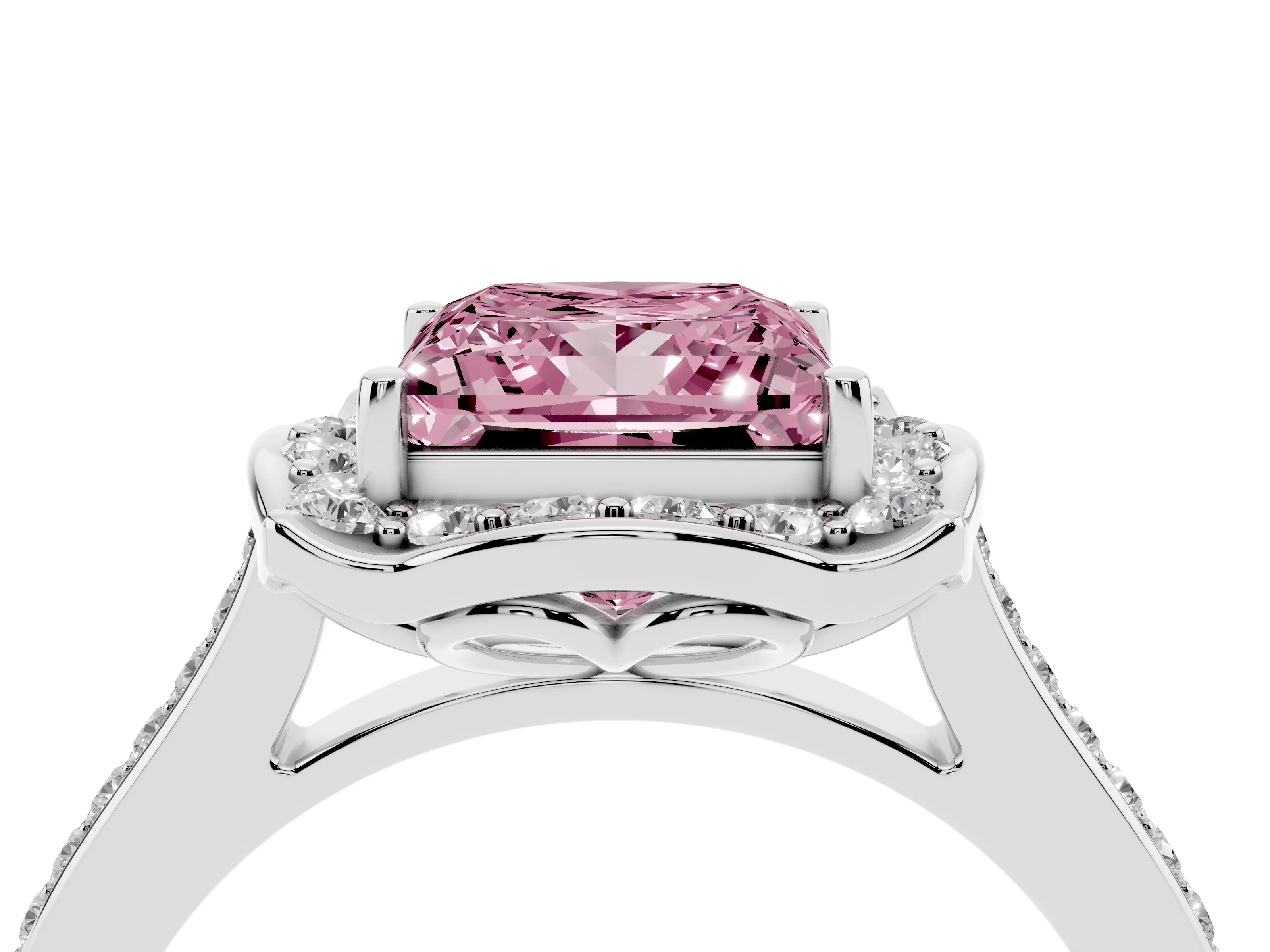 Fancy Pink Princess Cut Diamond Halo Ring Set in White gold with Pavé-Lined Shoulders and Prong Setting