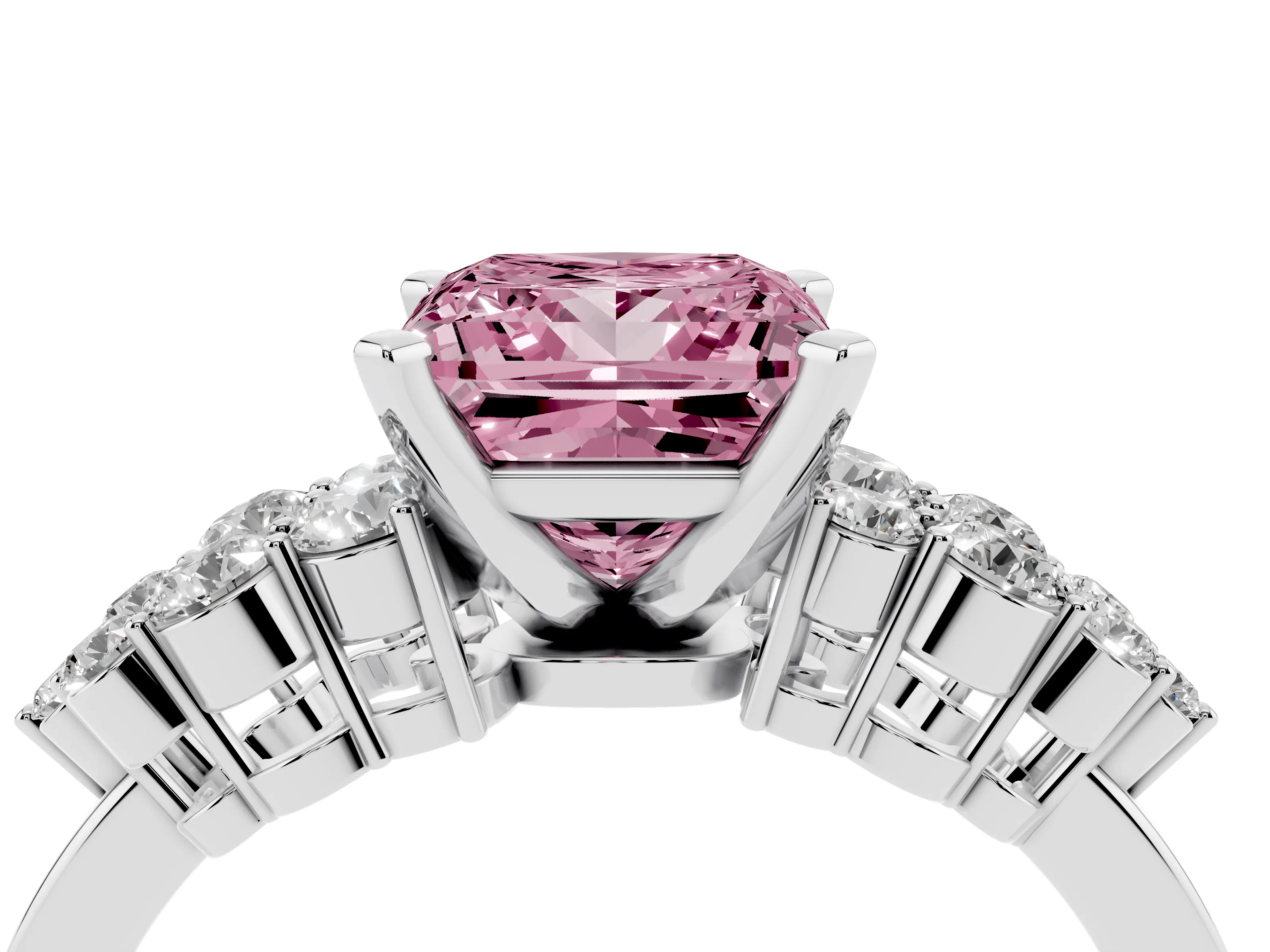 Fancy Pink Princess Cut Diamond Cluster Engagement Ring Set in Platinum with Pavé Band and Prong Setting