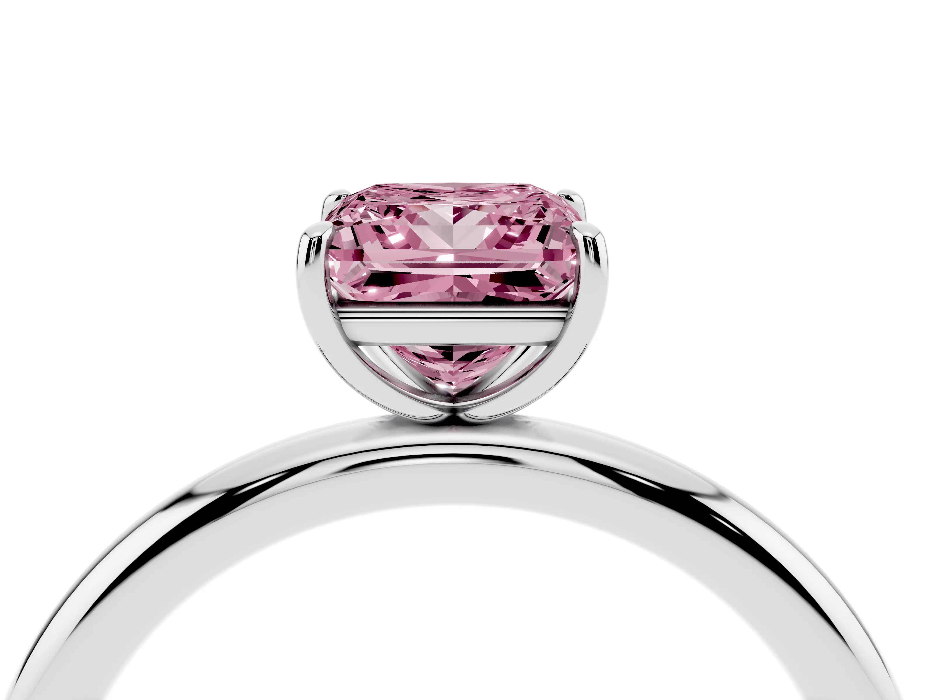 Fancy Pink Princess Cut Diamond Solitaire Ring Set in Silver with Prong Setting on a Polished Plain Band