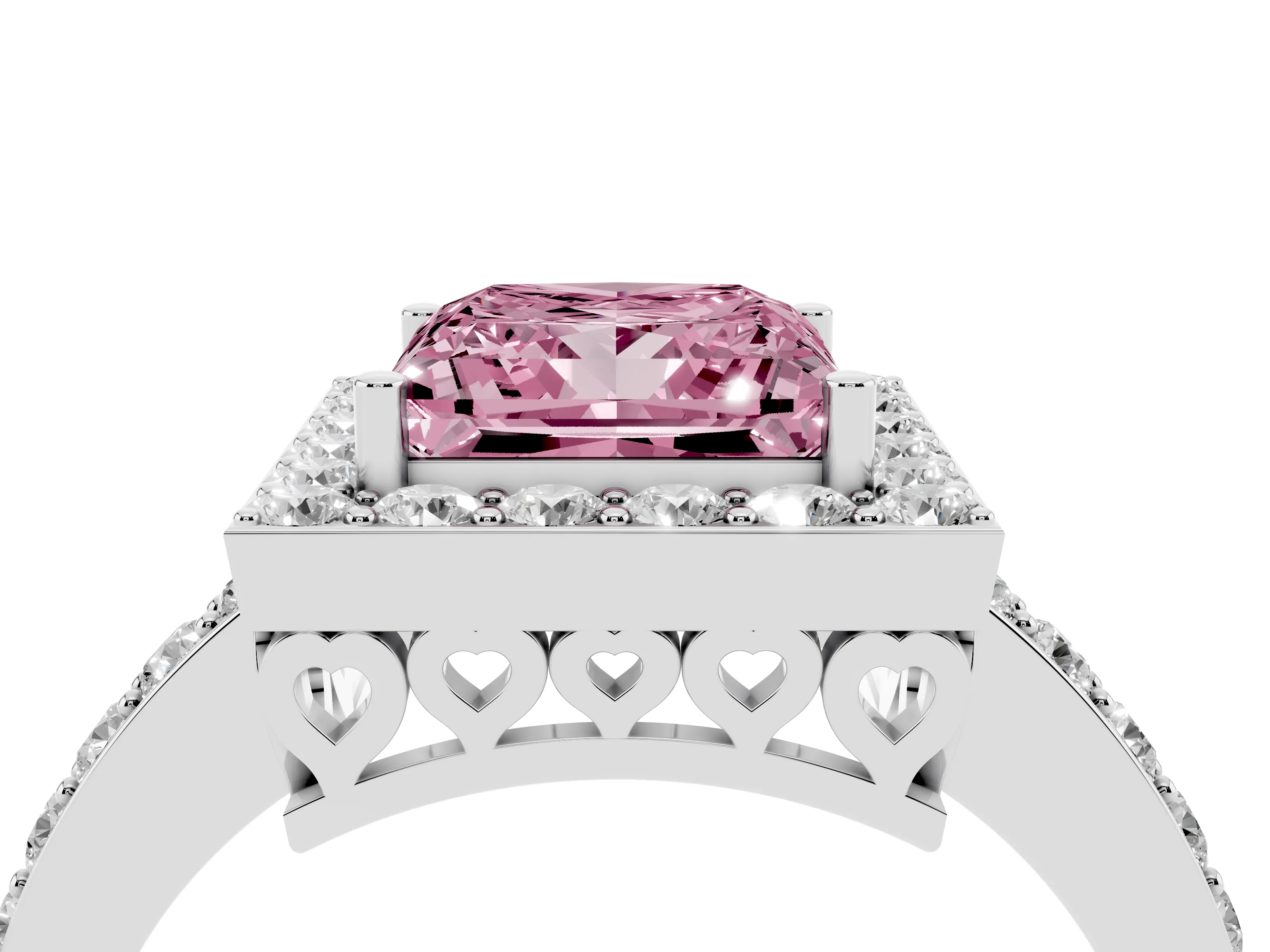 Fancy Pink Princess Cut Diamond Halo Ring Set in White gold with Pavé-Setting Band and Open Prong Center