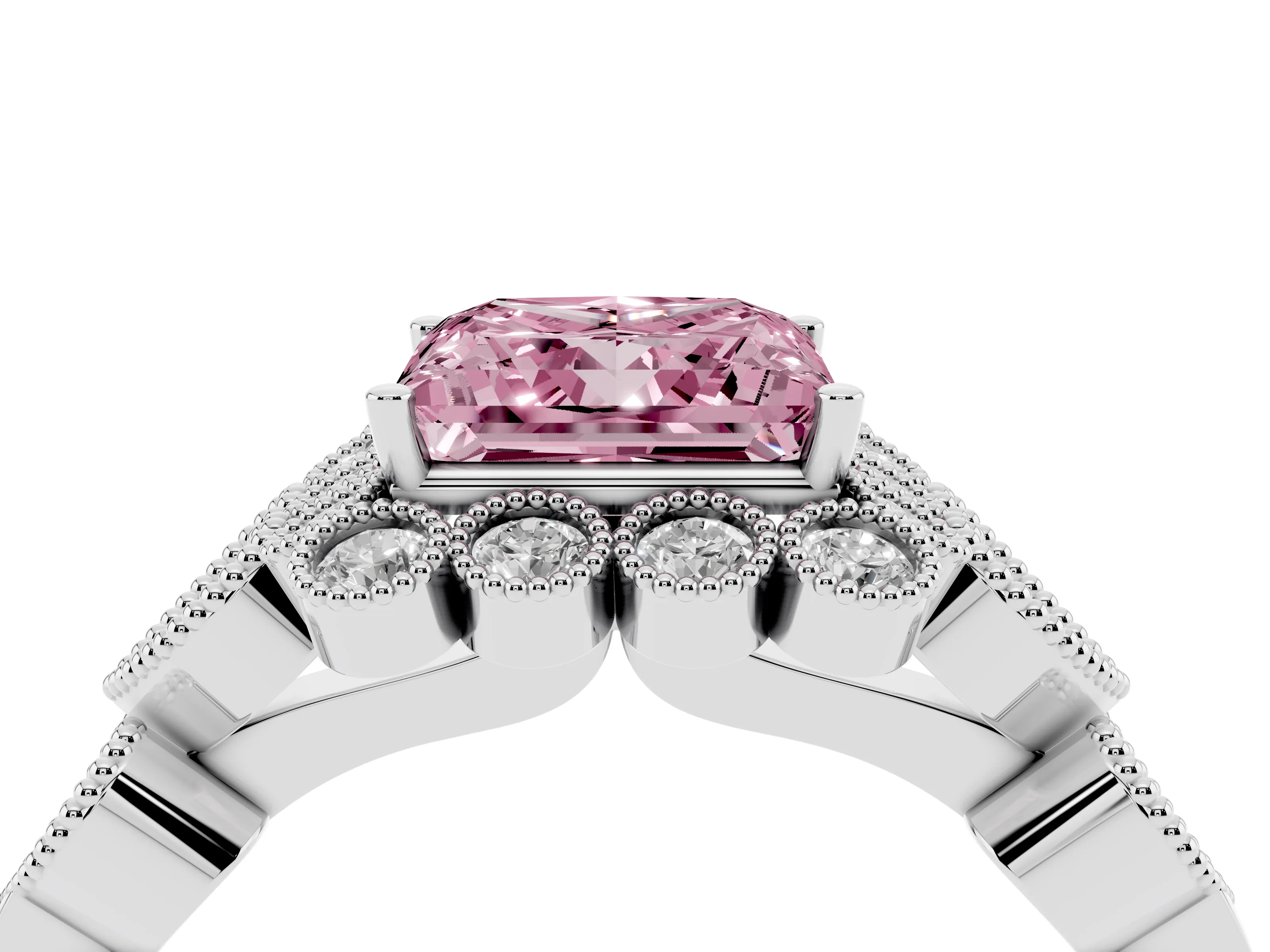 Fancy Pink Princess Cut Diamond Solitaire Ring Set in Silver with Milgrain Pavé Heart Band
