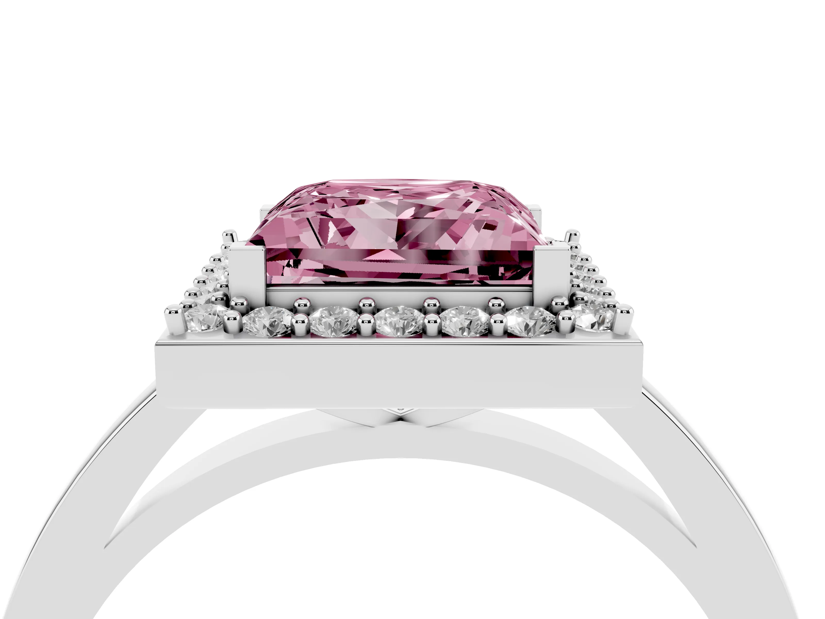 Fancy Pink Princess Cut Diamond Halo Ring Set in White gold with Solitaire Band and Prong Setting