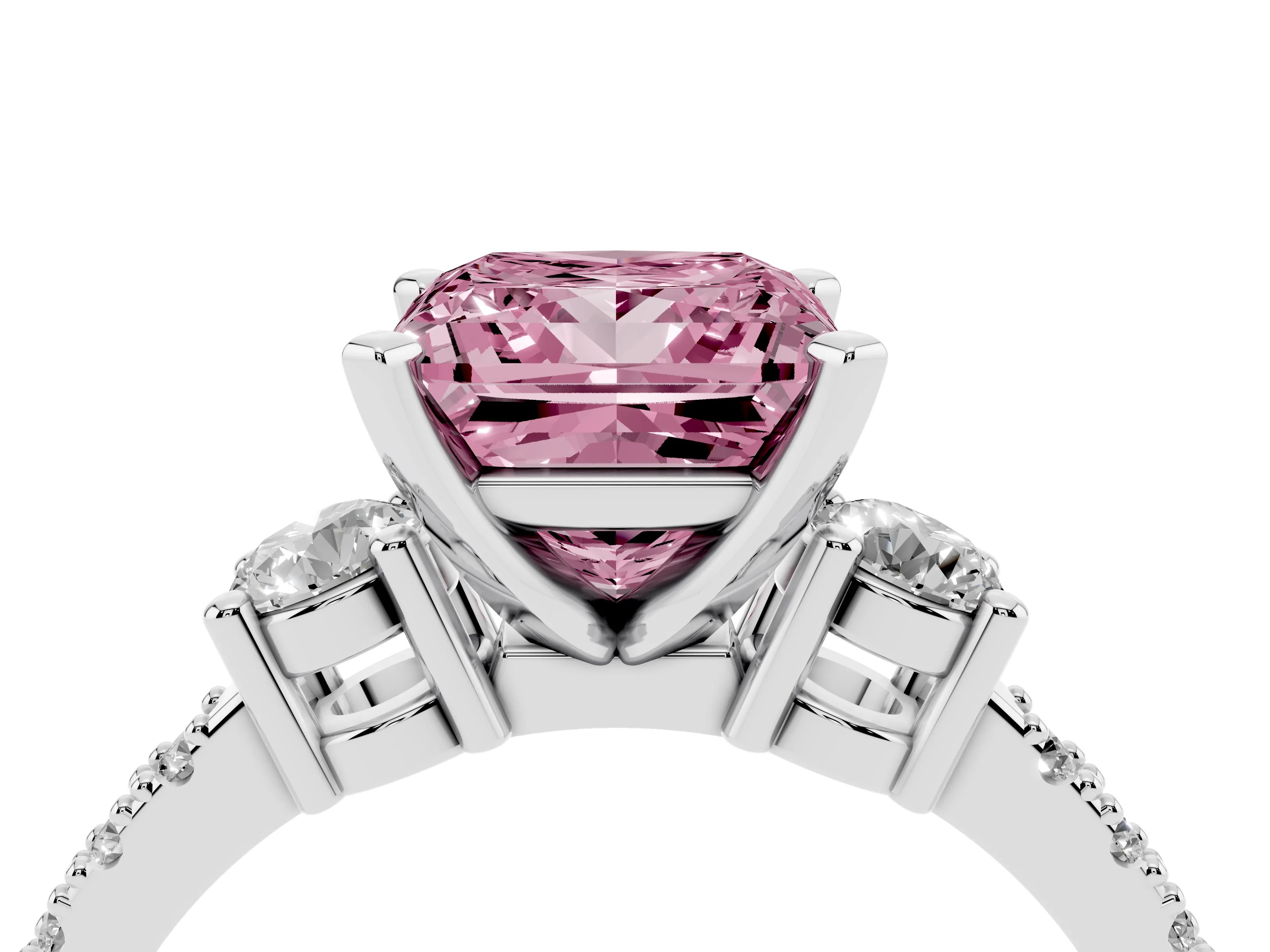 Fancy Pink Three-Stone Princess Cut Diamond Pavé Band Ring Set in Platinum with Prong Setting