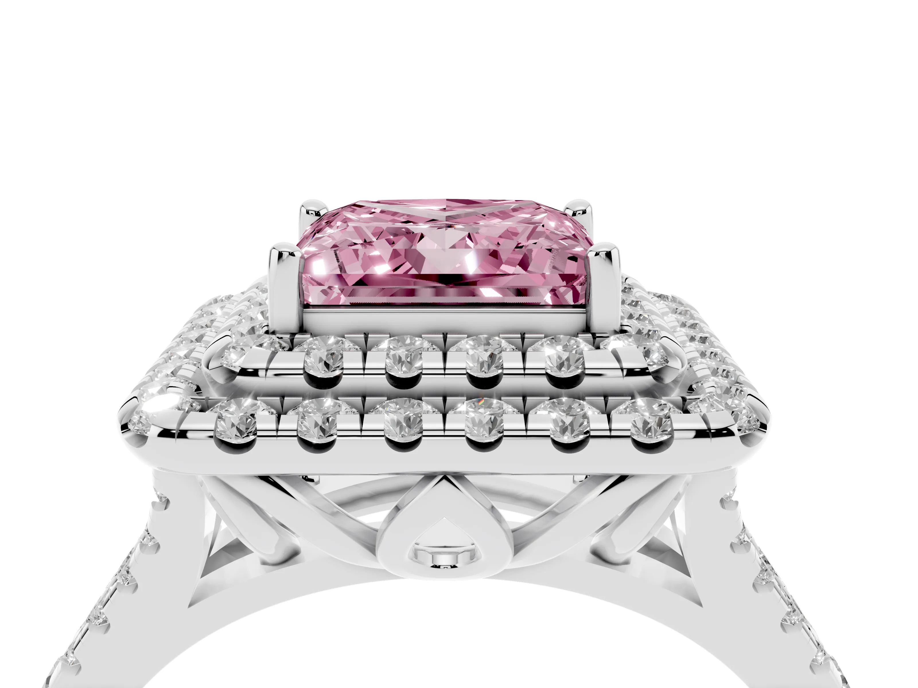 Fancy Pink Princess Cut Diamond Double Halo Ring Set in White gold with Pavé Split Shank and Prong Setting