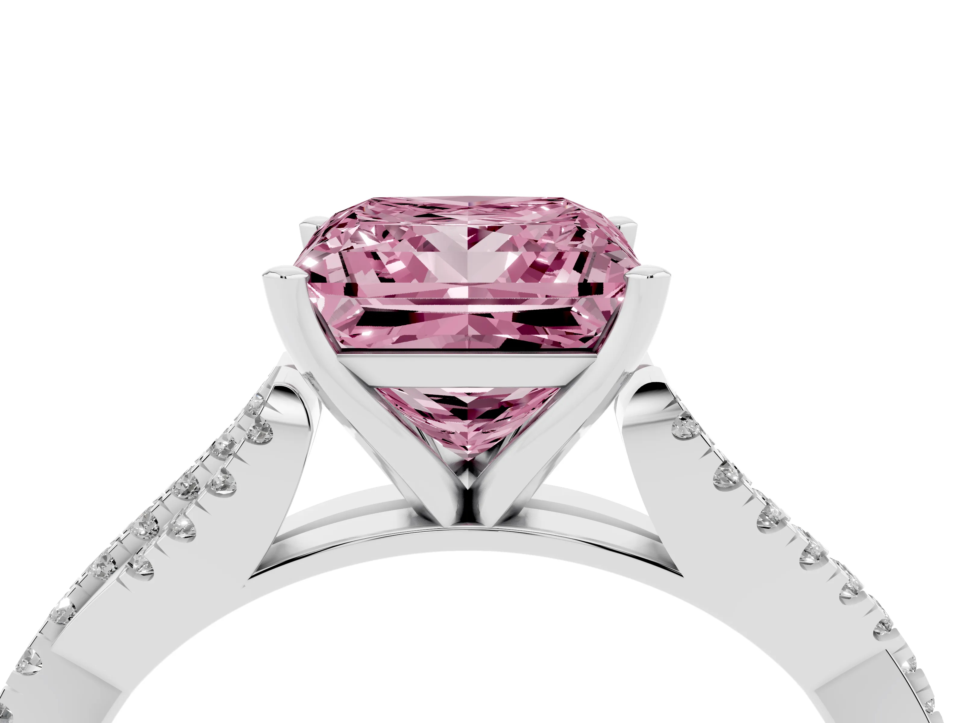 Fancy Pink Princess Cut Diamond Solitaire Engagement Ring Set in Platinum with Twisted Pavé Band and Prong Setting