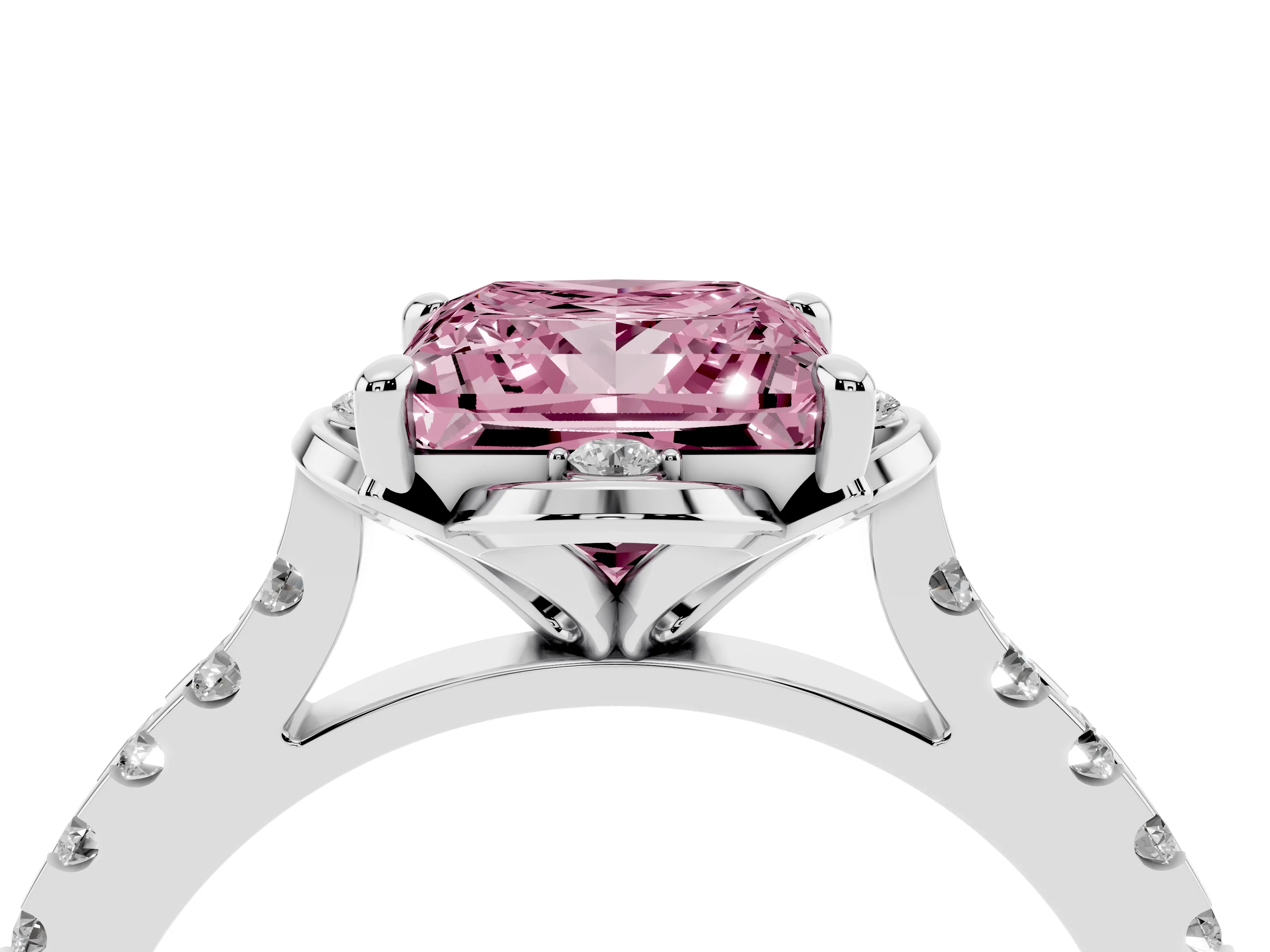 Fancy Pink Princess Cut Diamond Solitaire Ring Set in Silver with Pavé Band and Floral Prong Setting