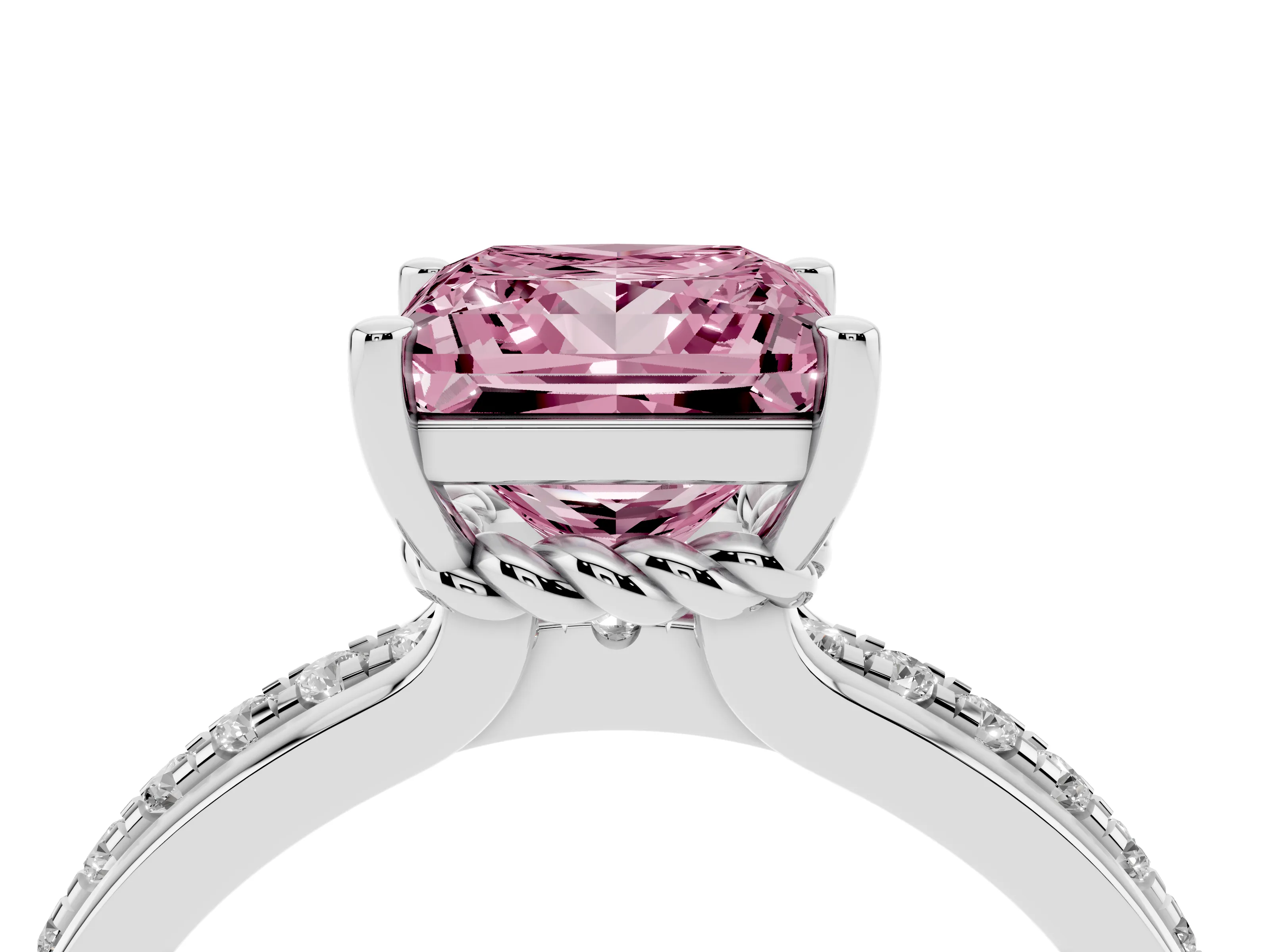 Fancy Pink Princess Cut Diamond Solitaire Ring Set in White gold with Channel Set Band and Prong Setting