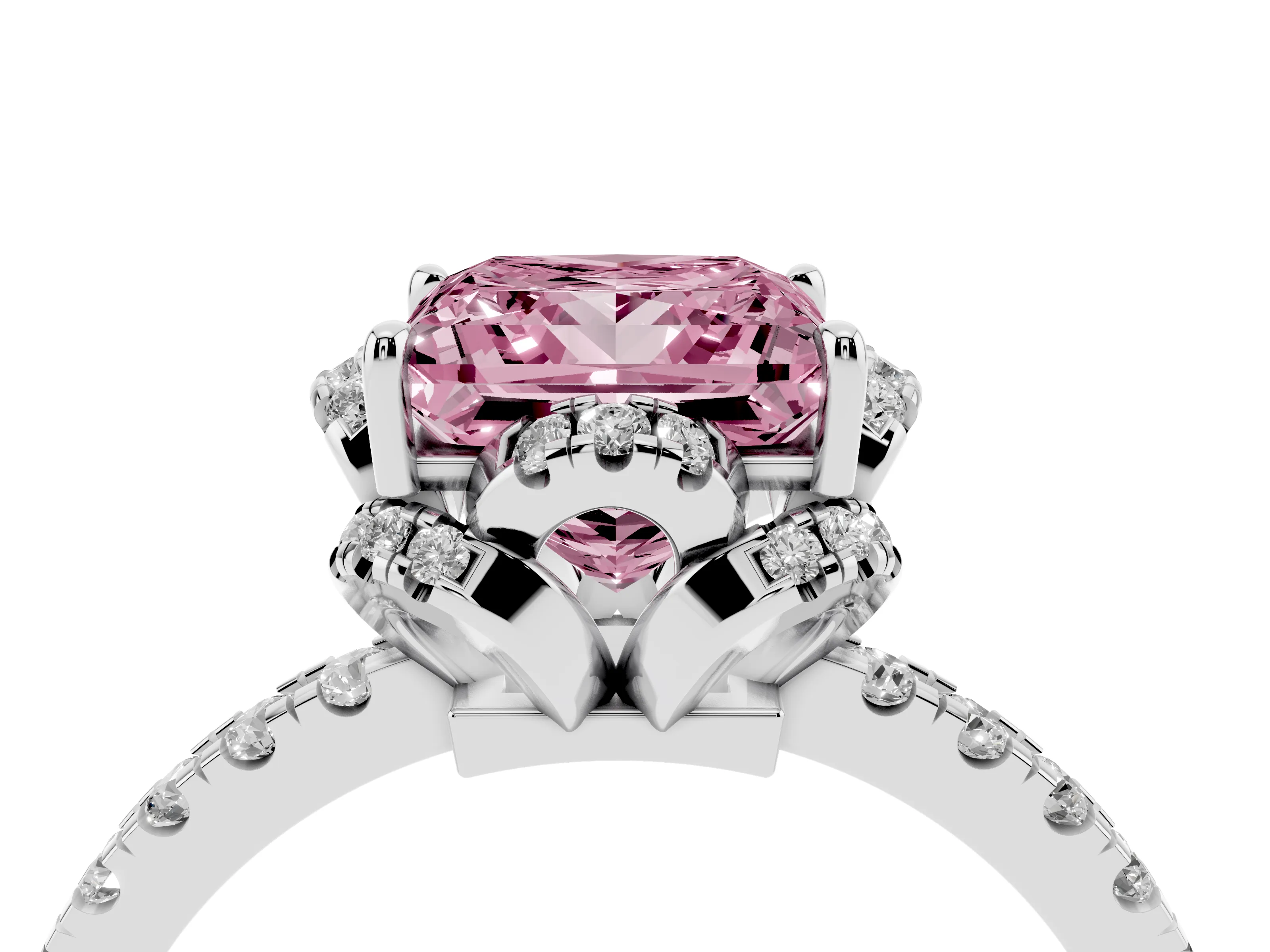 Fancy Pink Princess Cut Diamond Halo Pavé Band Ring Set in Silver with Prong-Held Center