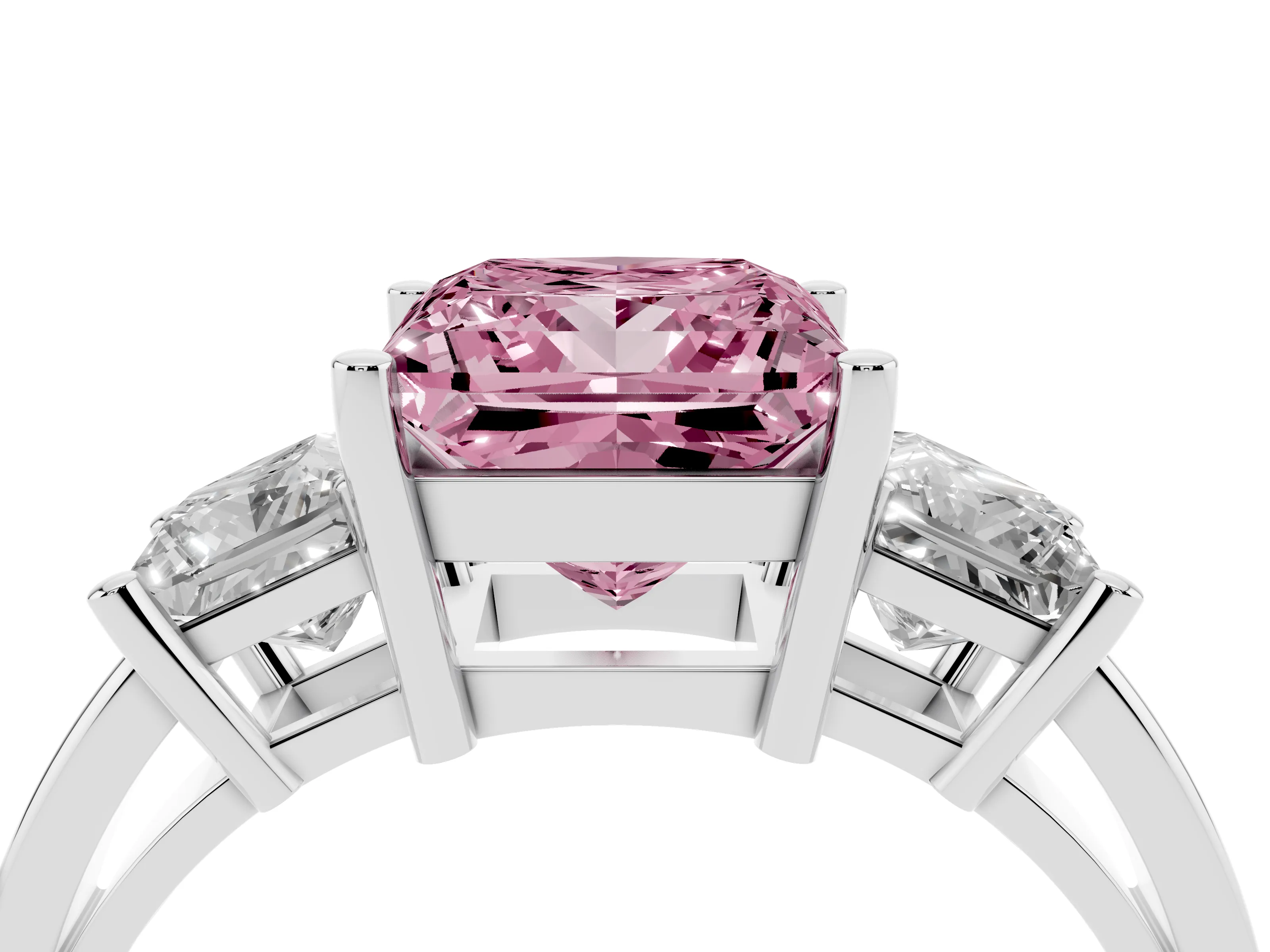 Fancy Pink Three-Stone Princess Cut Diamond Solitaire Ring Set in Platinum with Prong Setting