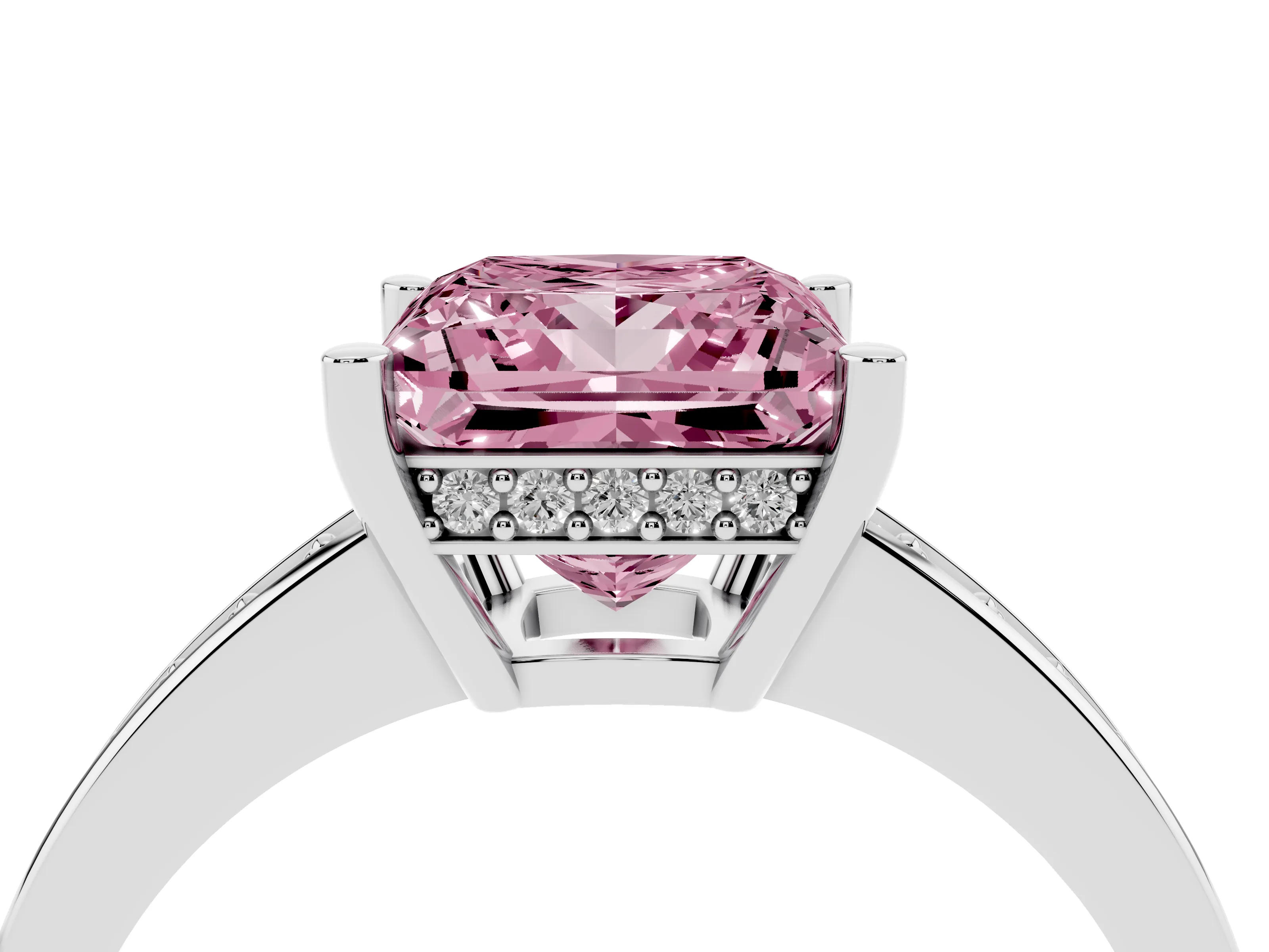 Fancy Pink Princess Cut Diamond Pavé Band Prong Set Solitaire Ring Set in Silver