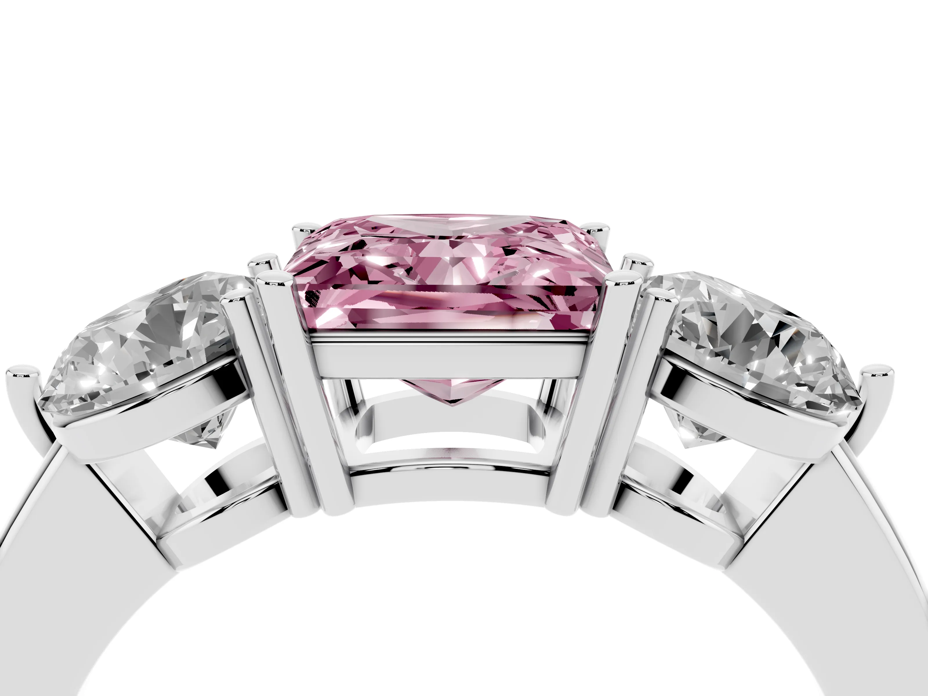 Fancy Pink Princess Cut Diamond Three-Stone Ring Set in Platinum with Prong Setting and Plain Band