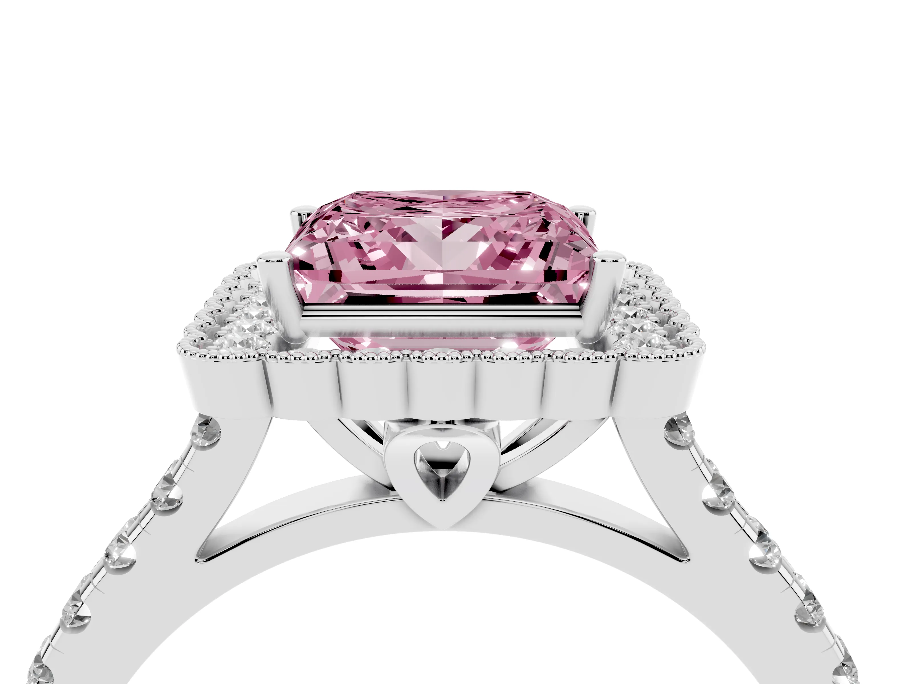 Fancy Pink Princess Cut Diamond Milgrain Floral Halo Engagement Ring Set in White gold with Pavé Band