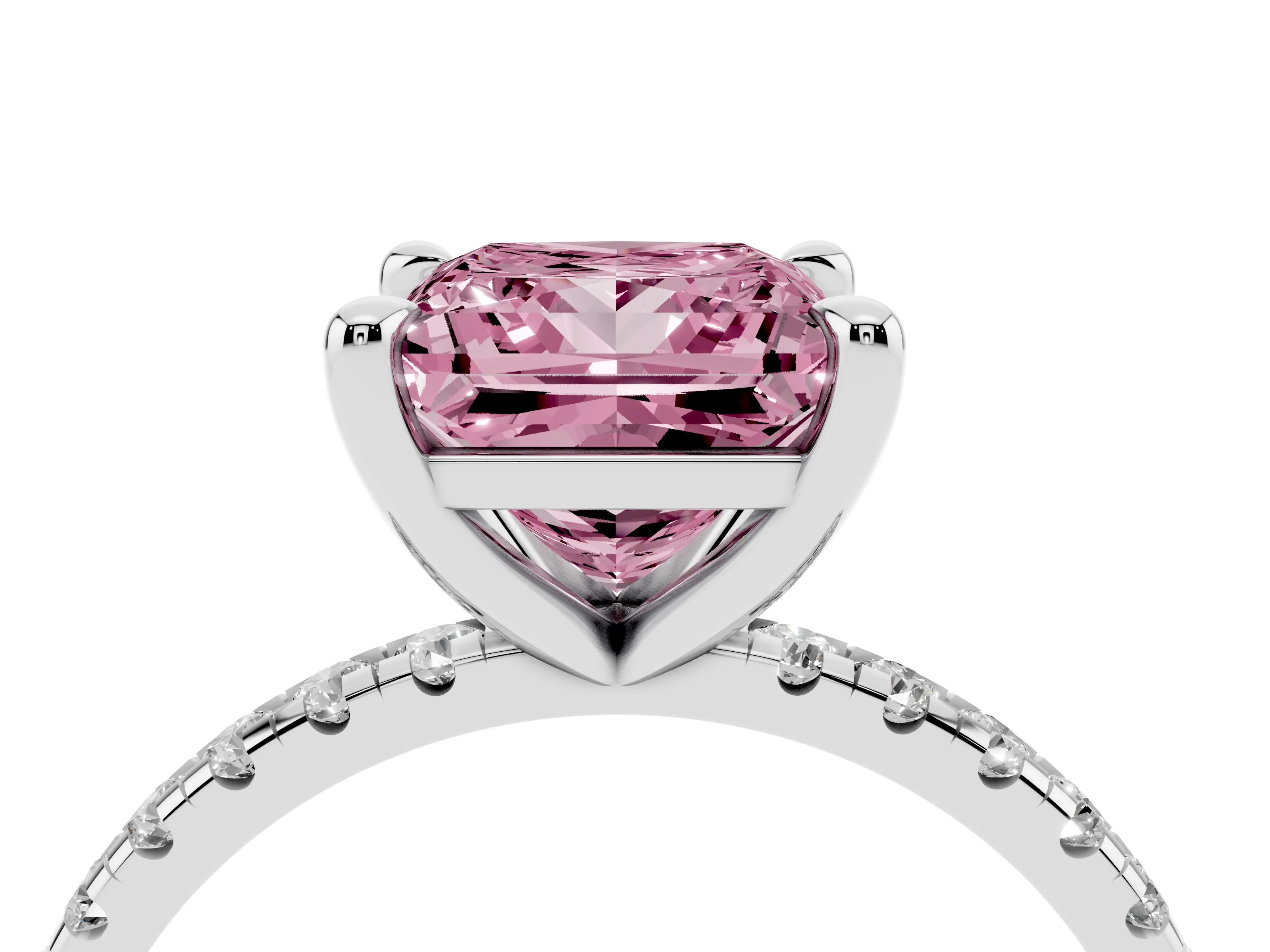 Fancy Pink Princess Cut Diamond Brilliant Solitaire Ring Set in Silver with Pavé Band and Prong Setting
