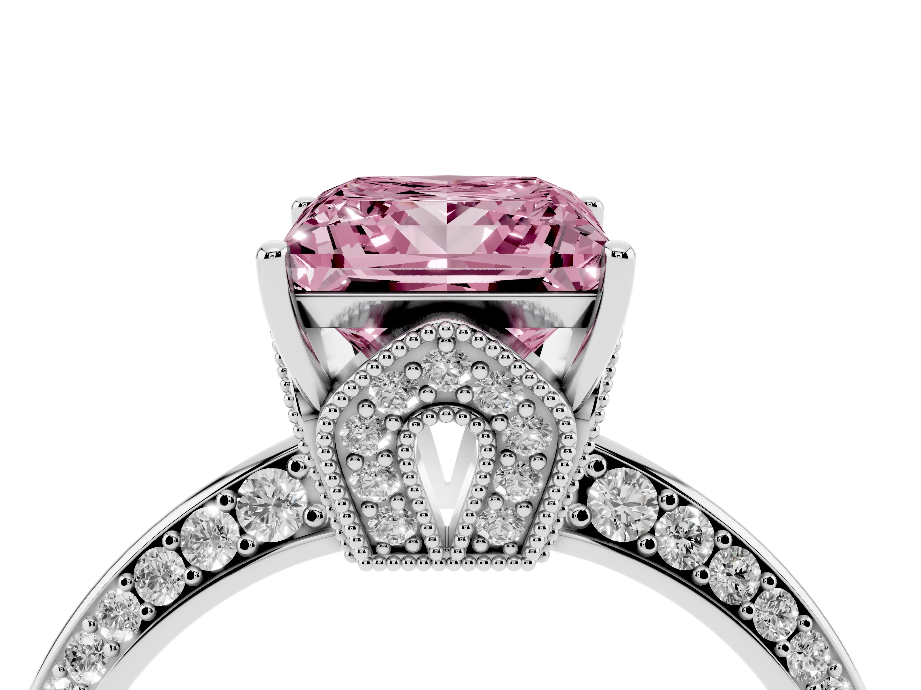 Fancy Pink Princess Cut Diamond Solitaire Engagement Ring Set in White gold with Pavé Split Shank and Prong Setting