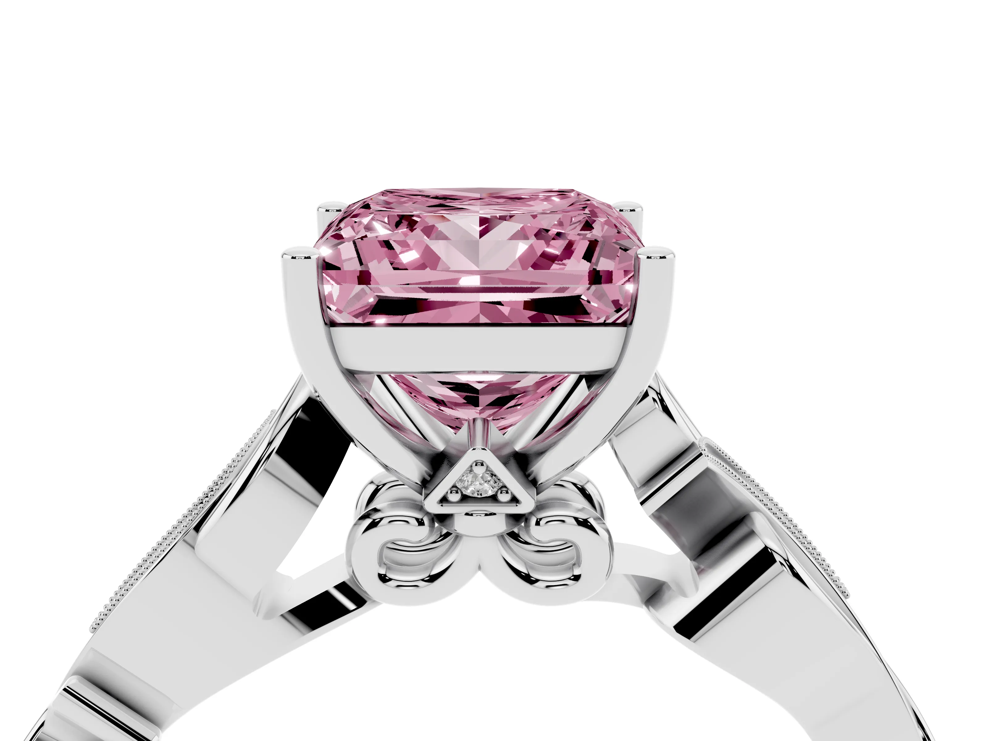 Fancy Pink Princess Cut Diamond Vine Band Solitaire Ring Set in White gold with Milgrain Prong Setting