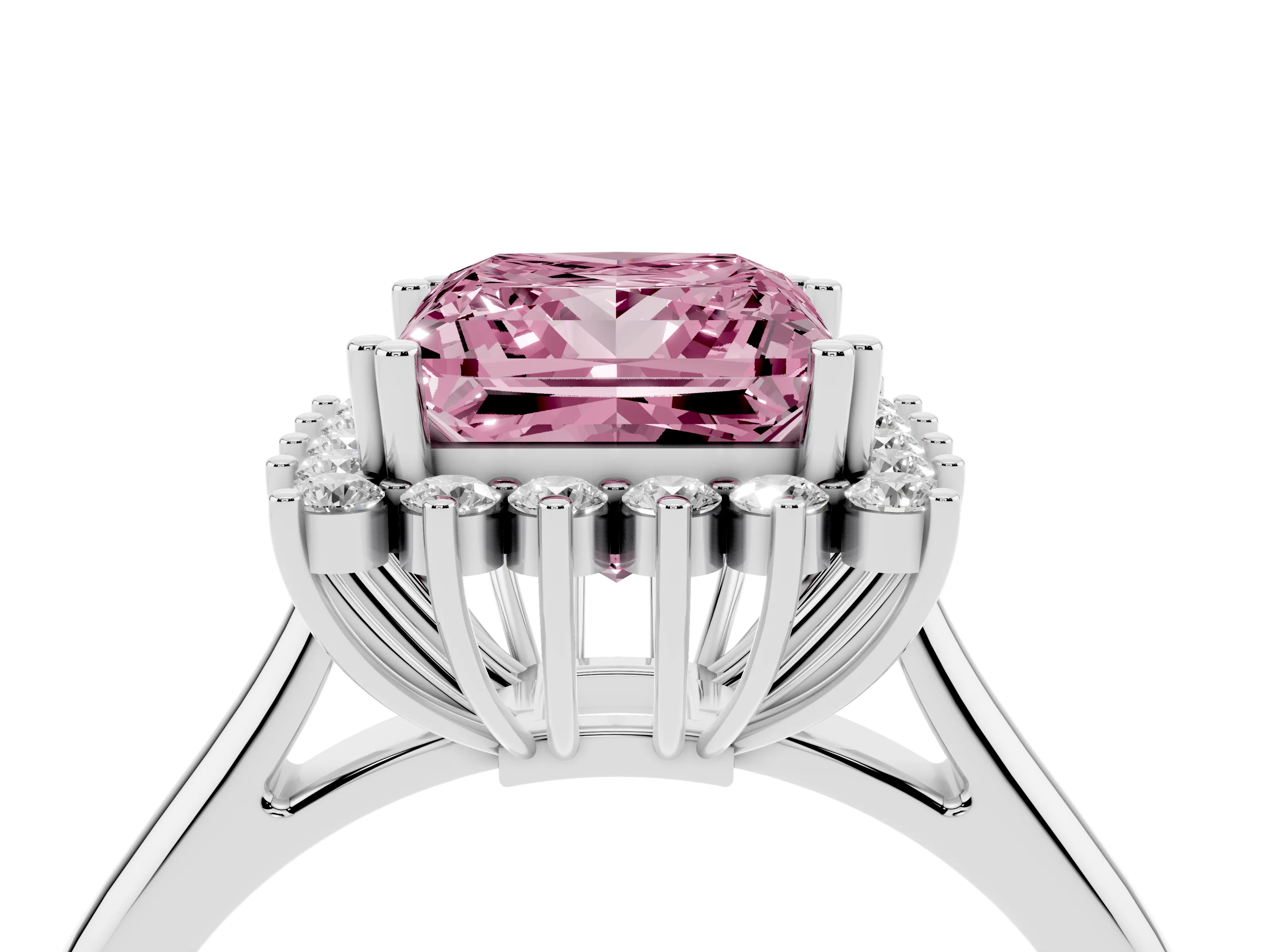 Fancy Pink Princess Cut Diamond Halo Ring Set in Platinum with Plain Solitaire Band and Prong Setting