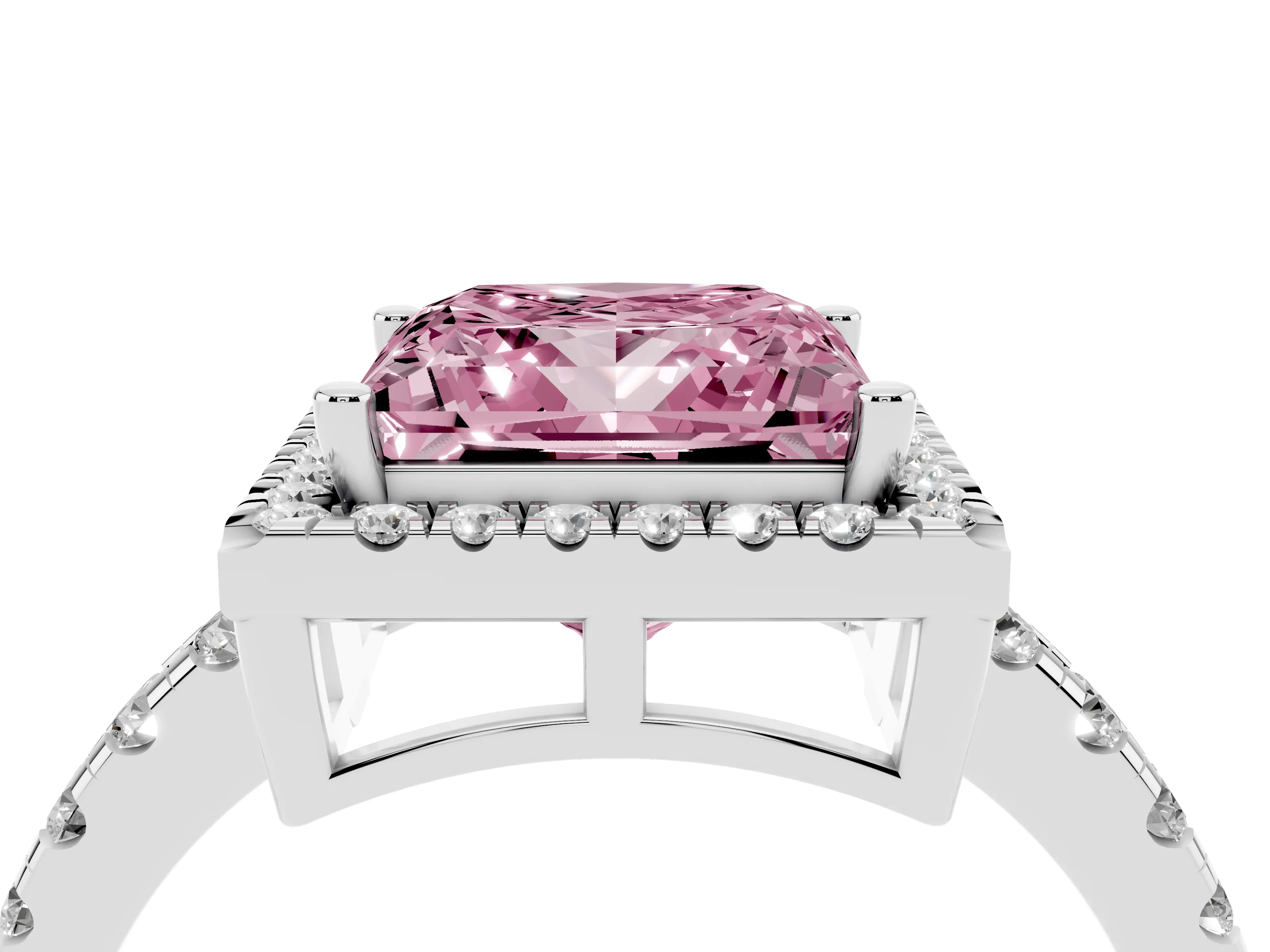 Fancy Pink Princess Cut Diamond Halo Ring Set in White gold with Delicate Pavé Band and Prong Setting