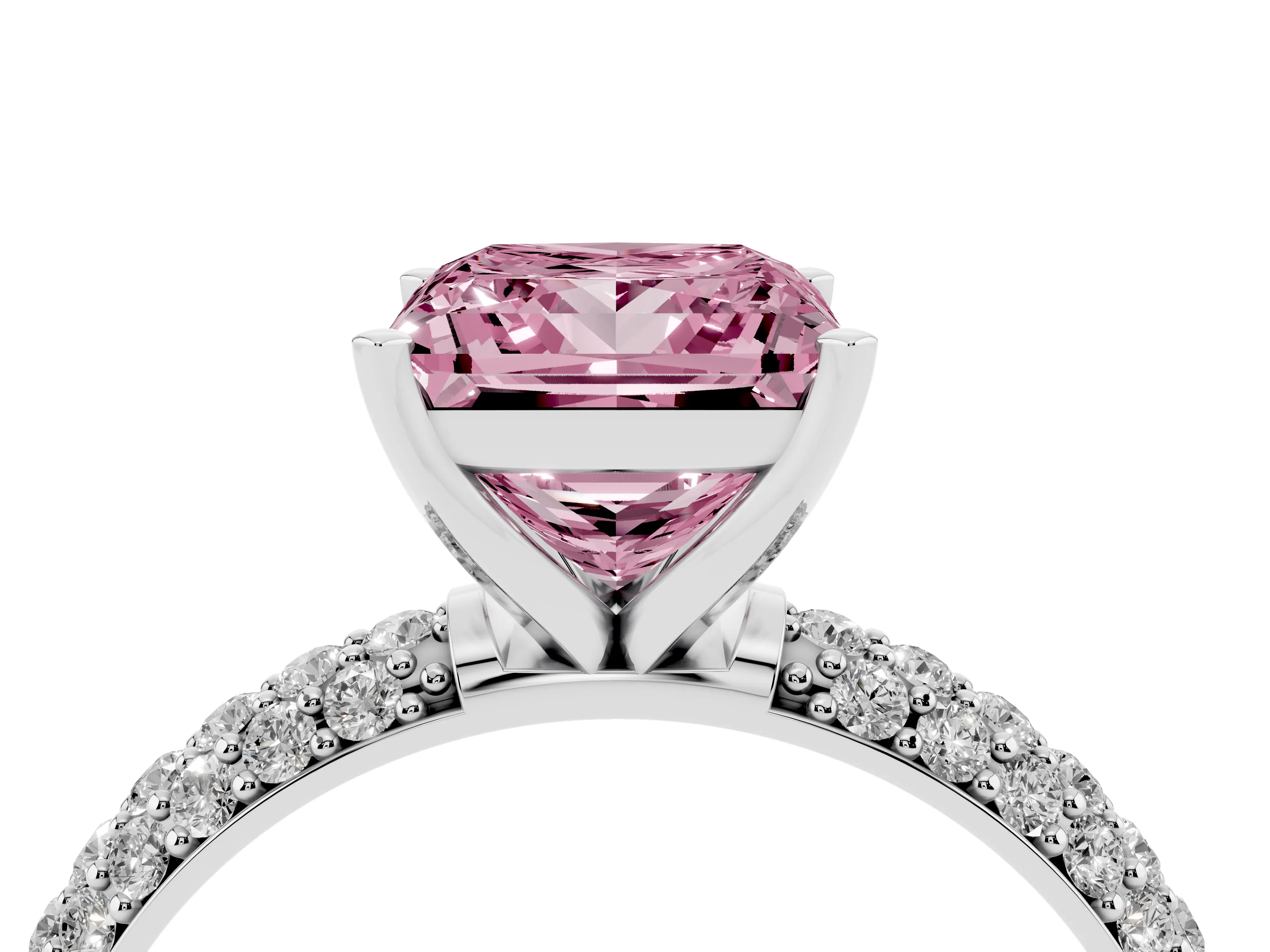 Fancy Pink Princess Cut Diamond Solitaire Ring Set in Silver with Prong Setting and Pavé-Set Band