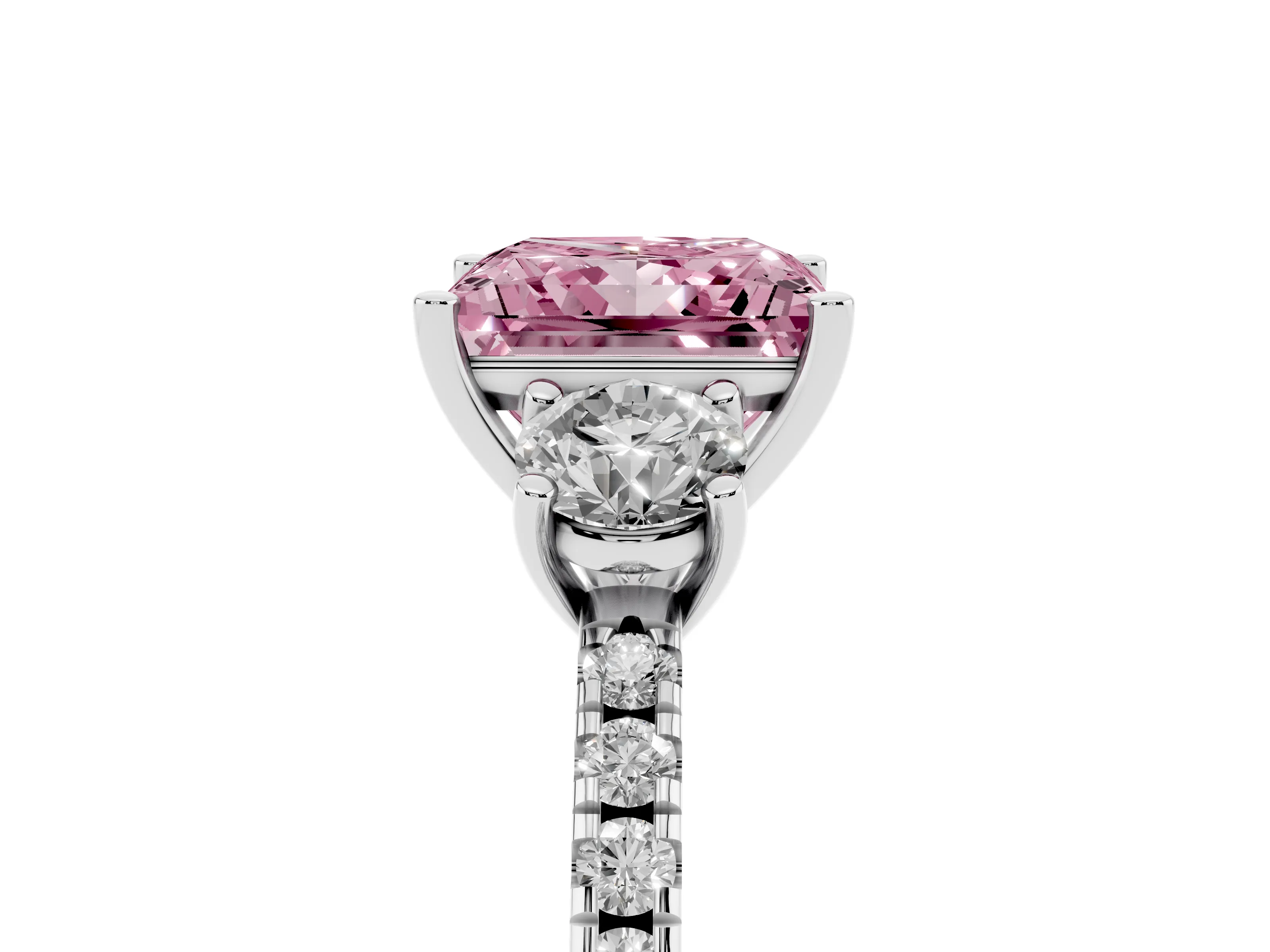Fancy Pink Princess Cut Diamond Three-Stone Ring Set in Silver with Pavé Band and Graduated Sides