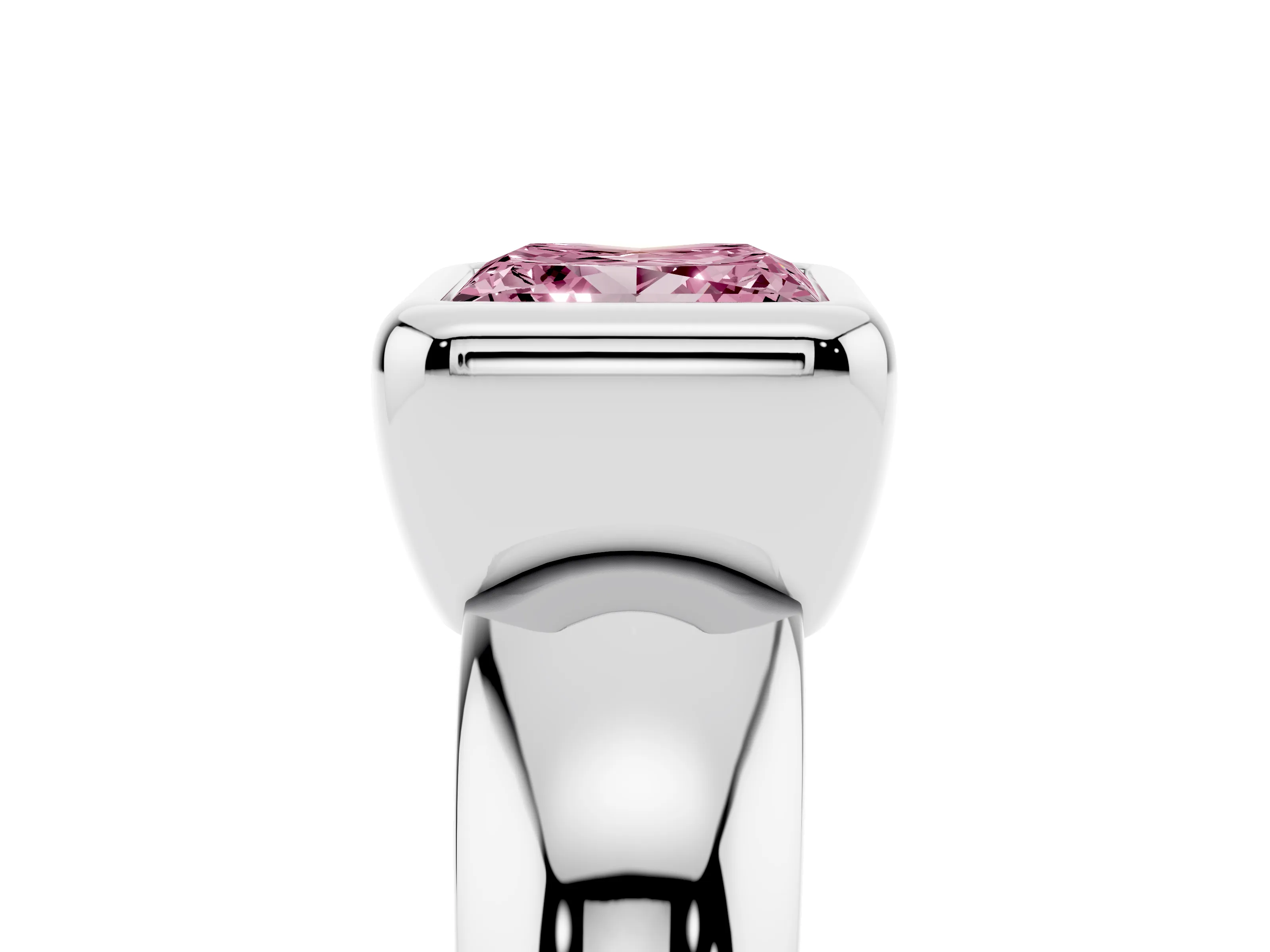 Fancy Pink Bezel Set Princess Cut Diamond Solitaire Ring Set in White gold with Wide Band