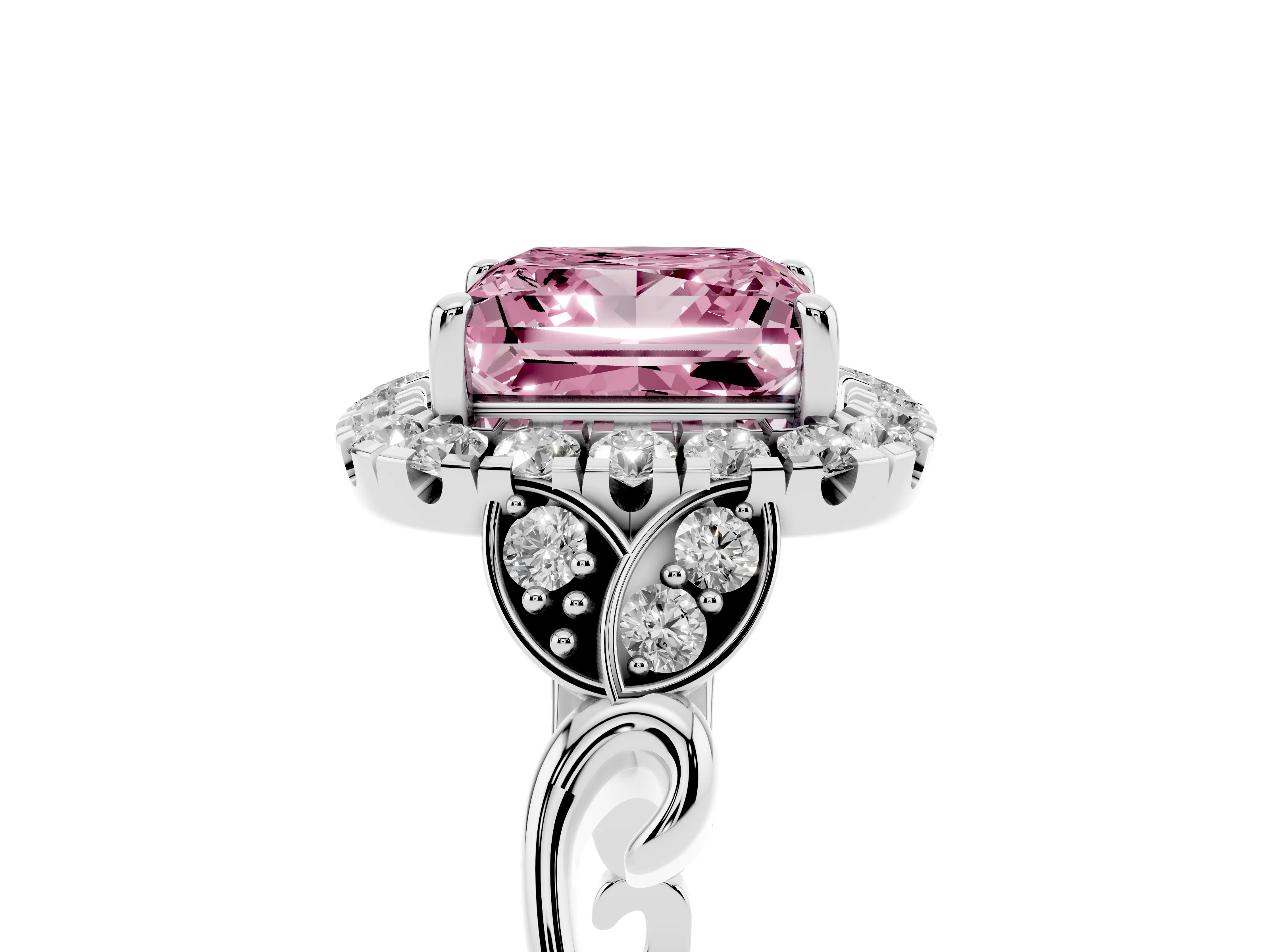 Fancy Pink Princess Cut Diamond Halo Engagement Ring Set in Platinum with Vintage-Inspired Band and Prong Setting