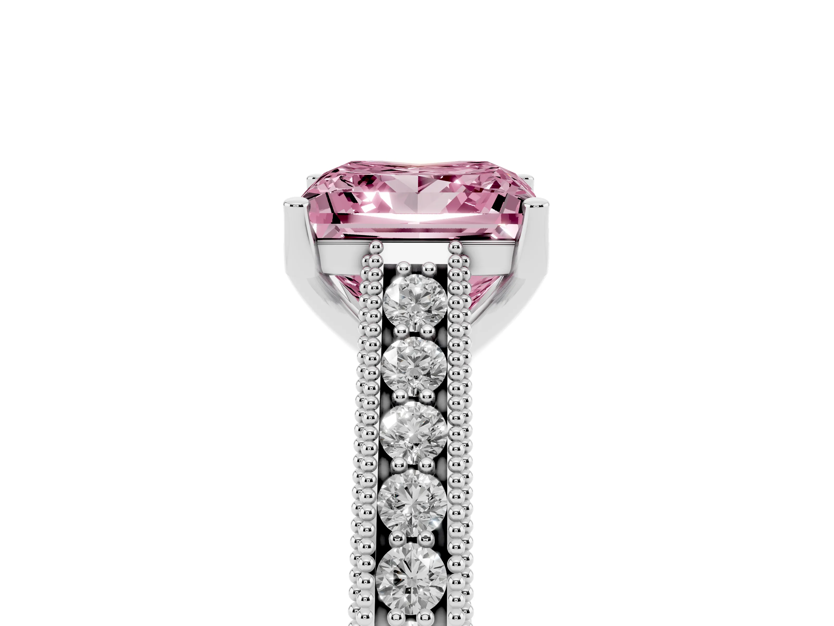 Fancy Pink Princess Cut Diamond Milgrain Pavé Band Solitaire Ring Set in Platinum with Prong Setting