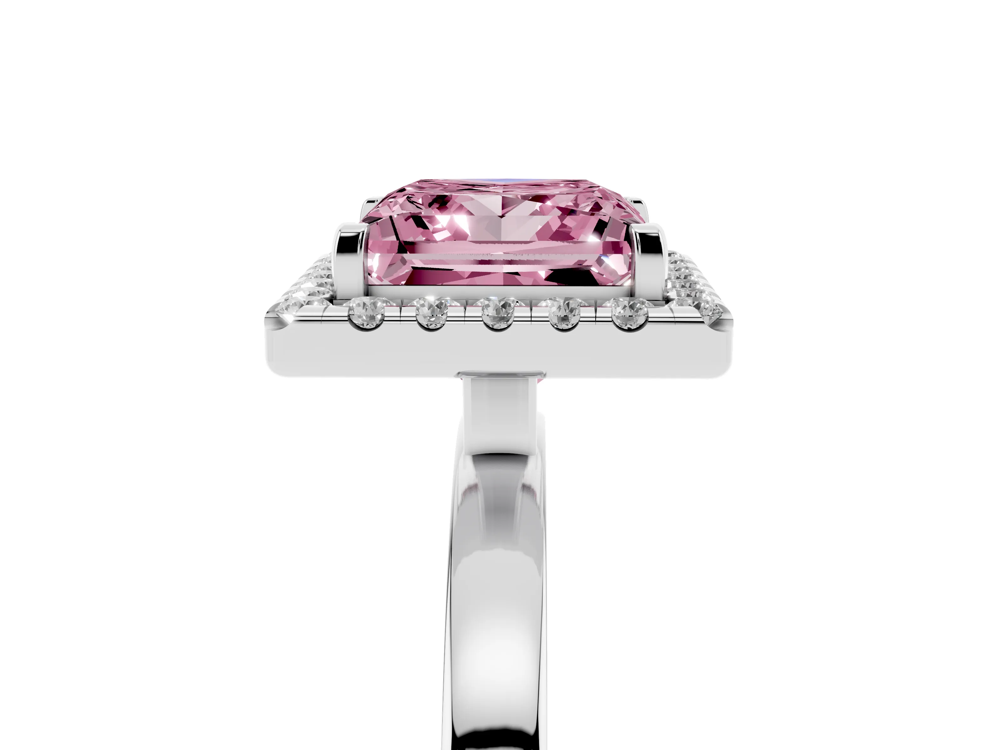 Fancy Pink Princess Cut Diamond Halo Solitaire Ring Set in Silver with Pavé Band and Prong Setting