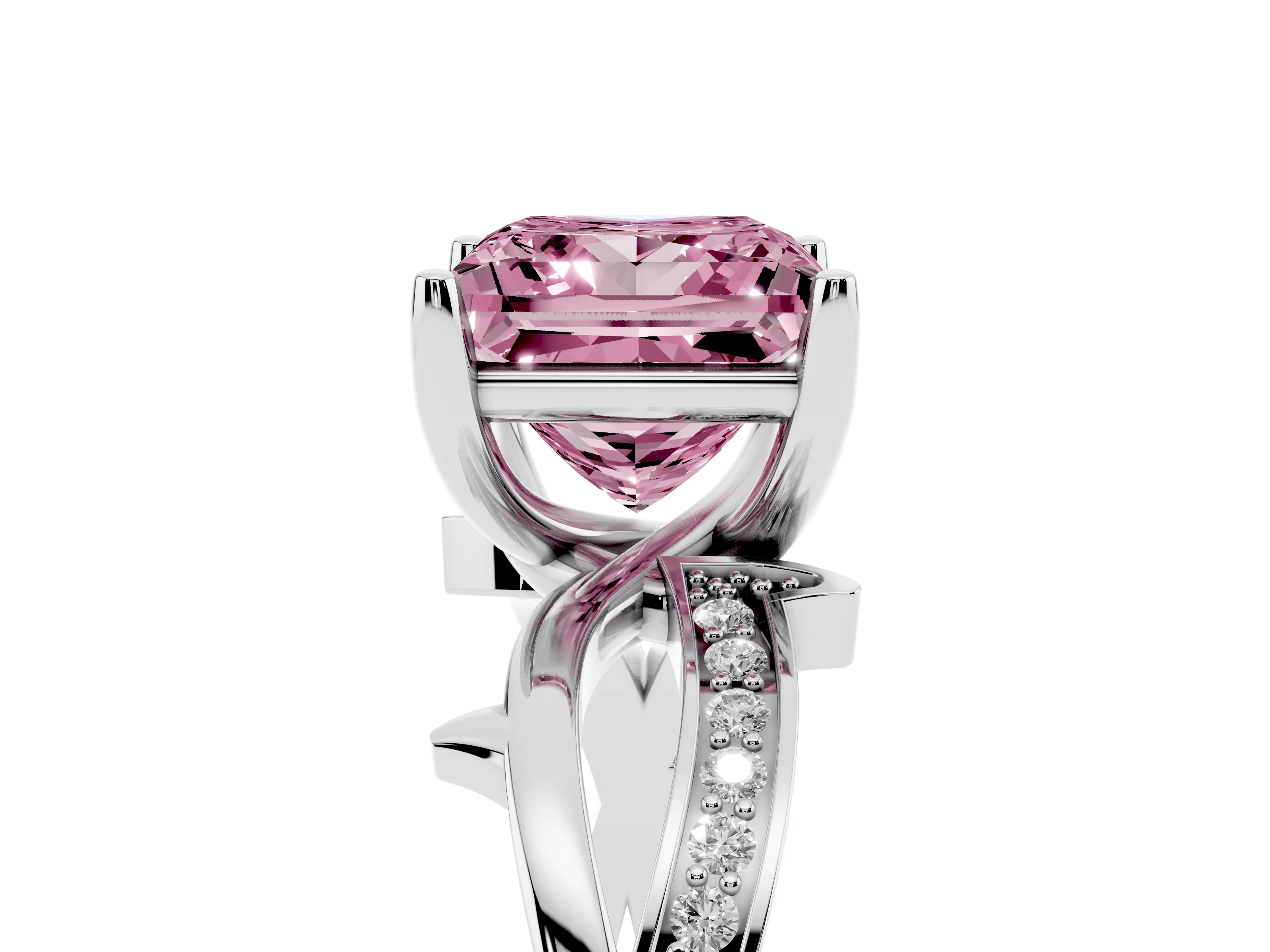 Fancy Pink Princess Cut Diamond Pavé Twist Band Solitaire Ring Set in Silver with Prong Setting