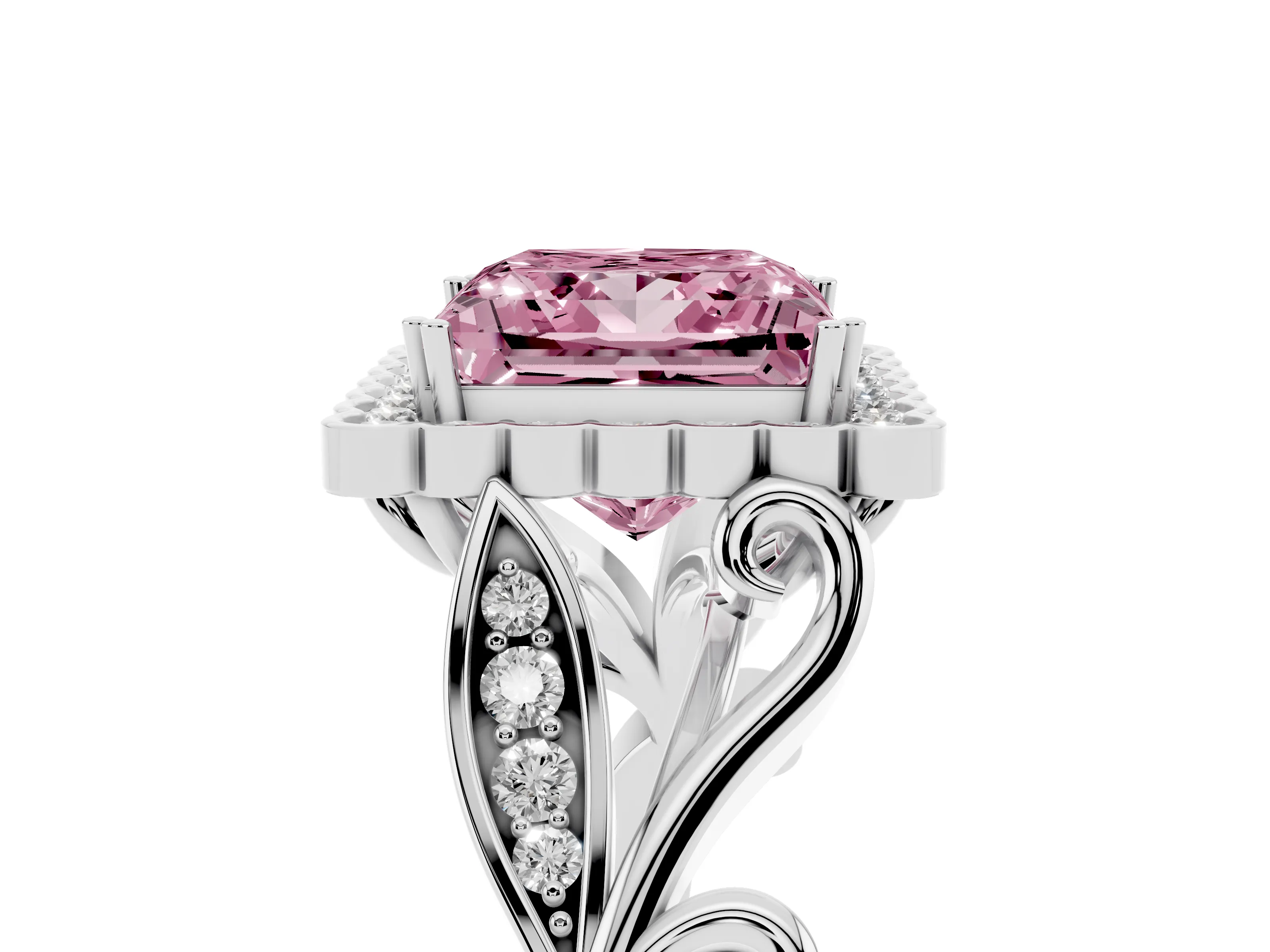 Fancy Pink Princess Cut Diamond Halo Ring Set in White gold with Leaf Motif Split Shank and Prong Setting