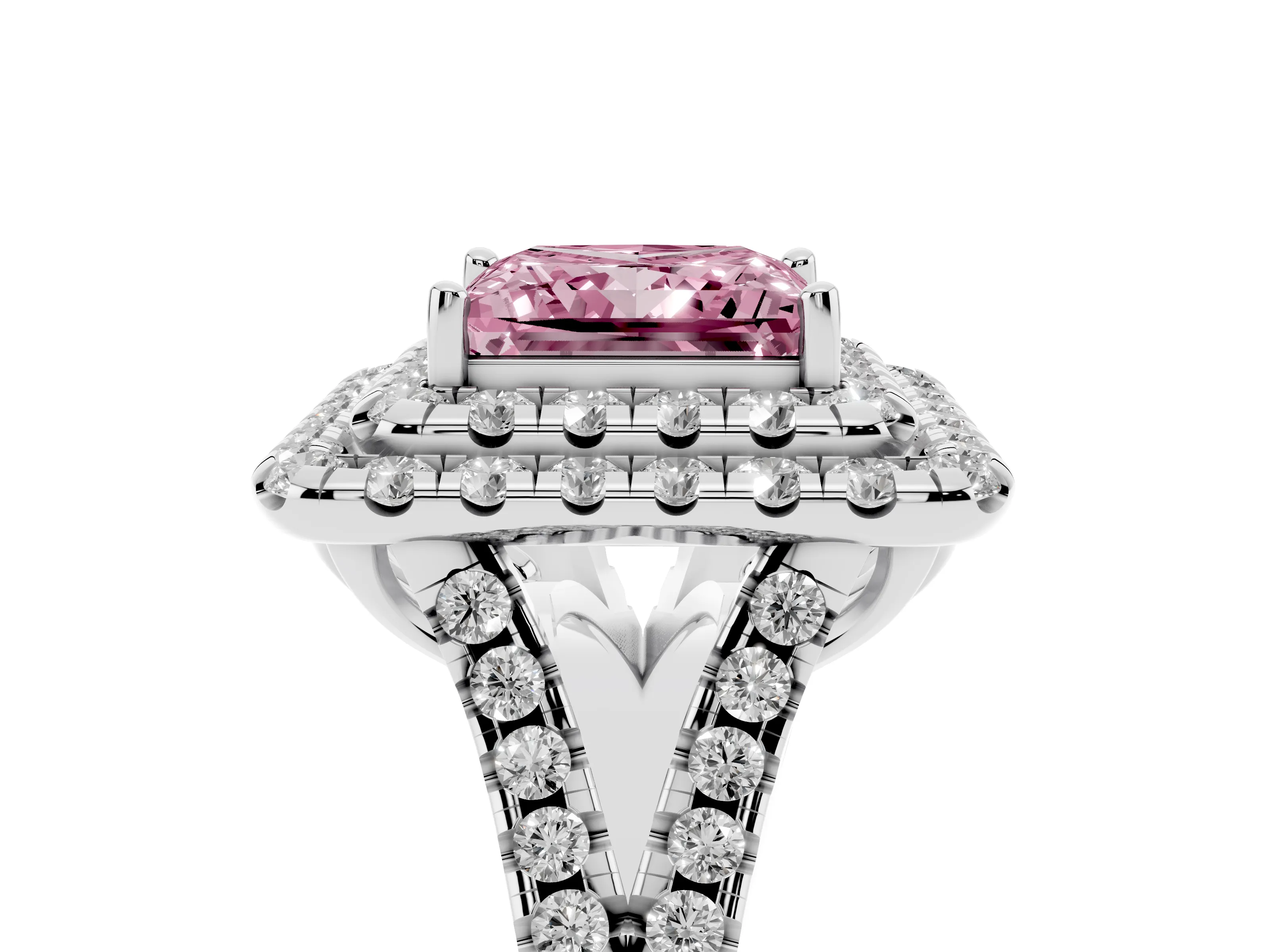 Fancy Pink Princess Cut Diamond Double Halo Ring Set in White gold with Pavé Split Shank and Prong Setting