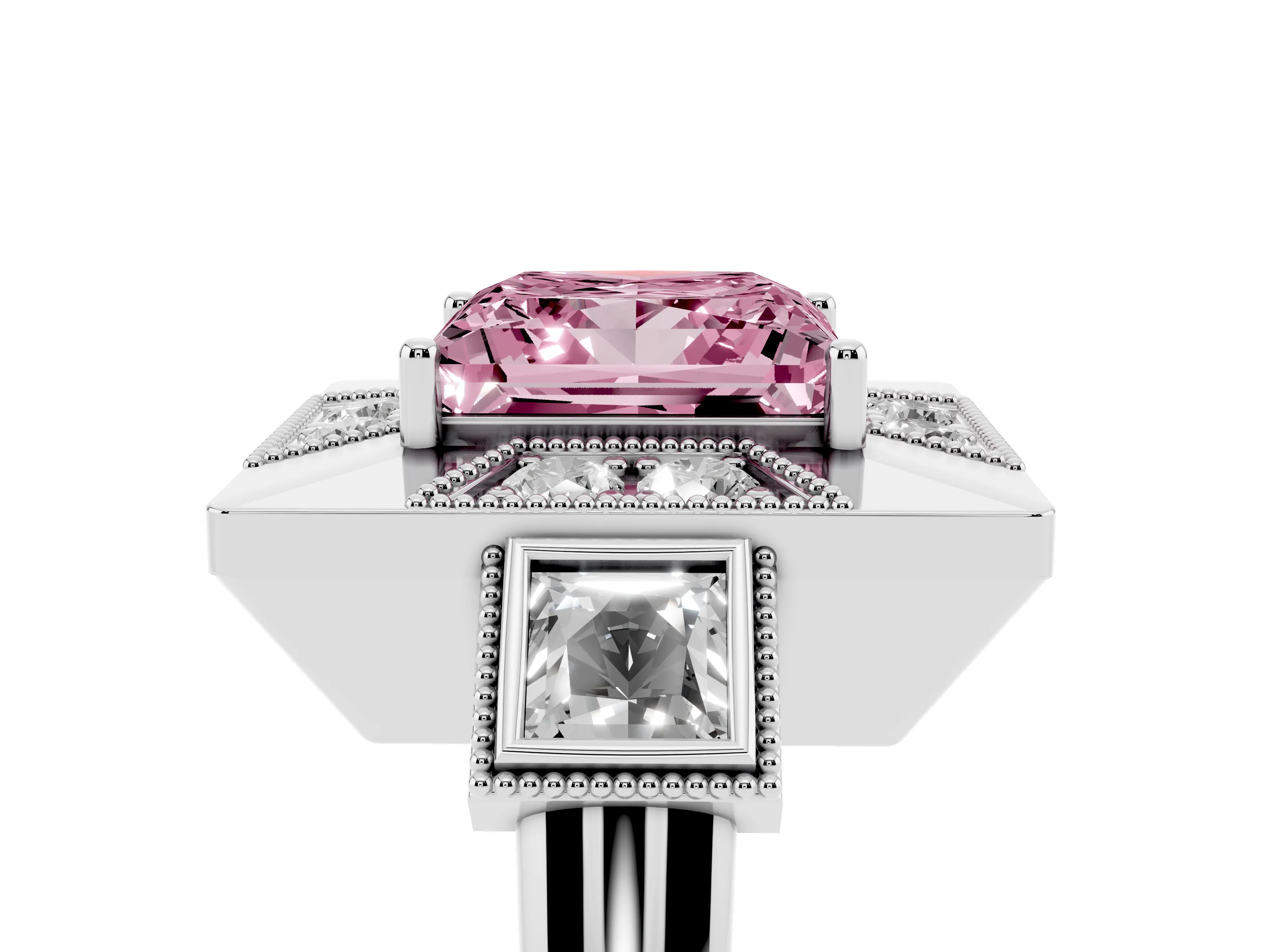 Fancy Pink Princess Cut Diamond Milgrain Halo Ring Set in Platinum with Split Shank