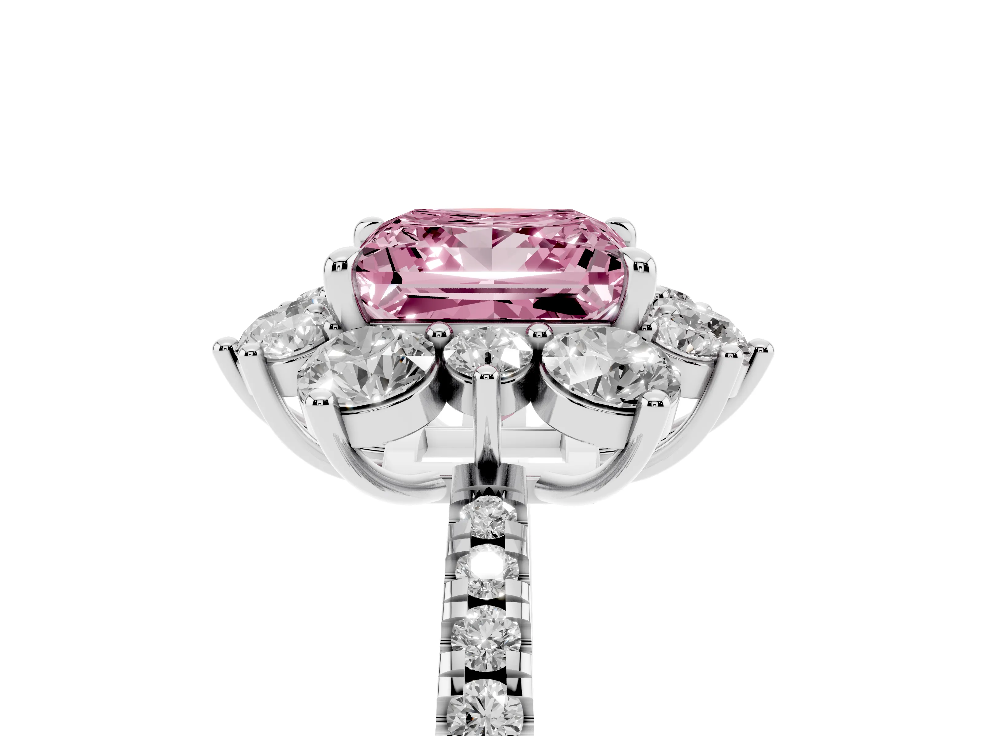 Fancy Pink Princess Cut Diamond Floral Halo Ring Set in White gold with Round Pavé Band and Prong Setting