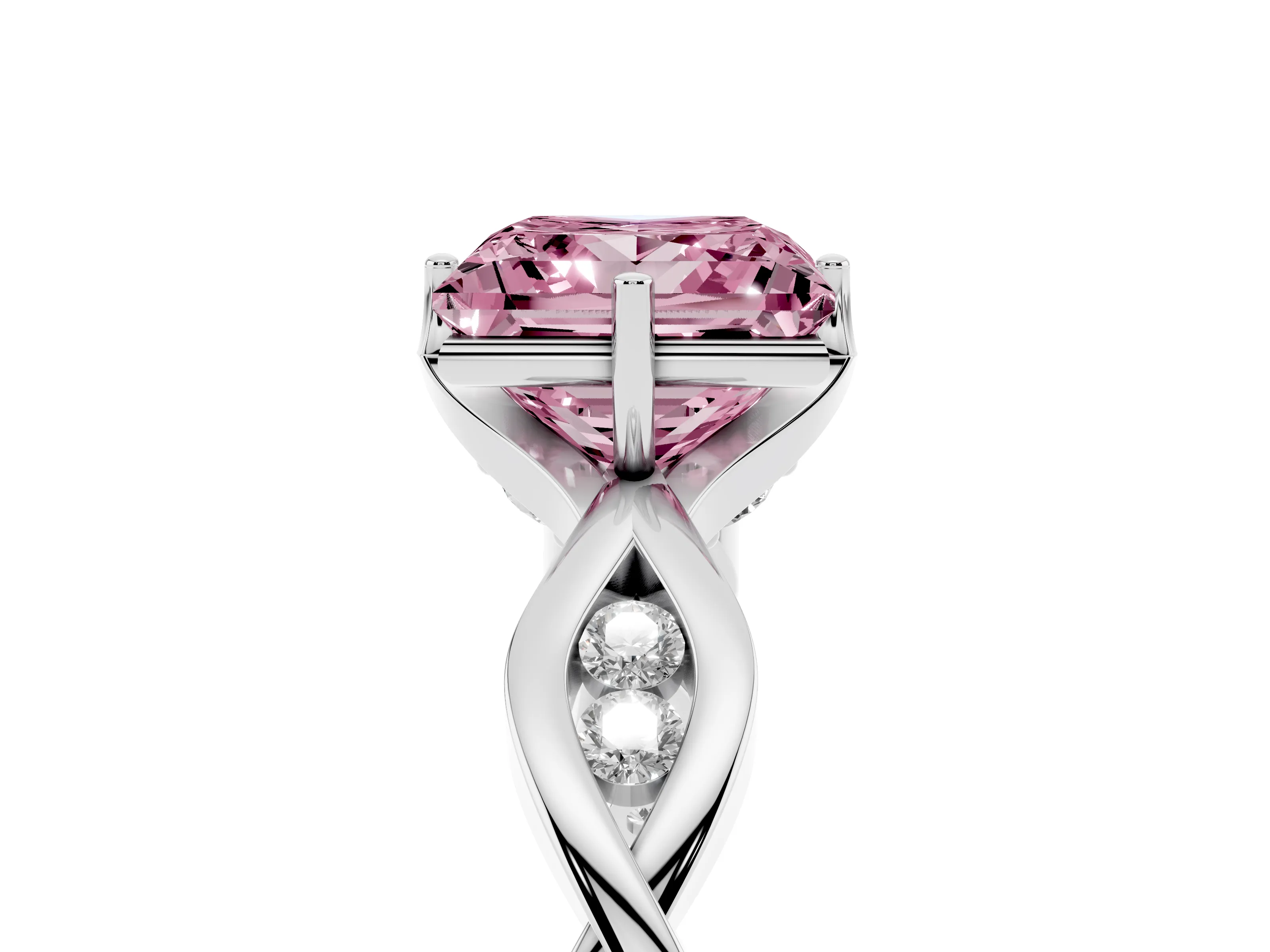 Fancy Pink Princess Cut Diamond Twist Band Solitaire Ring Set in Silver with Leaf Prong Setting and Accent Stones