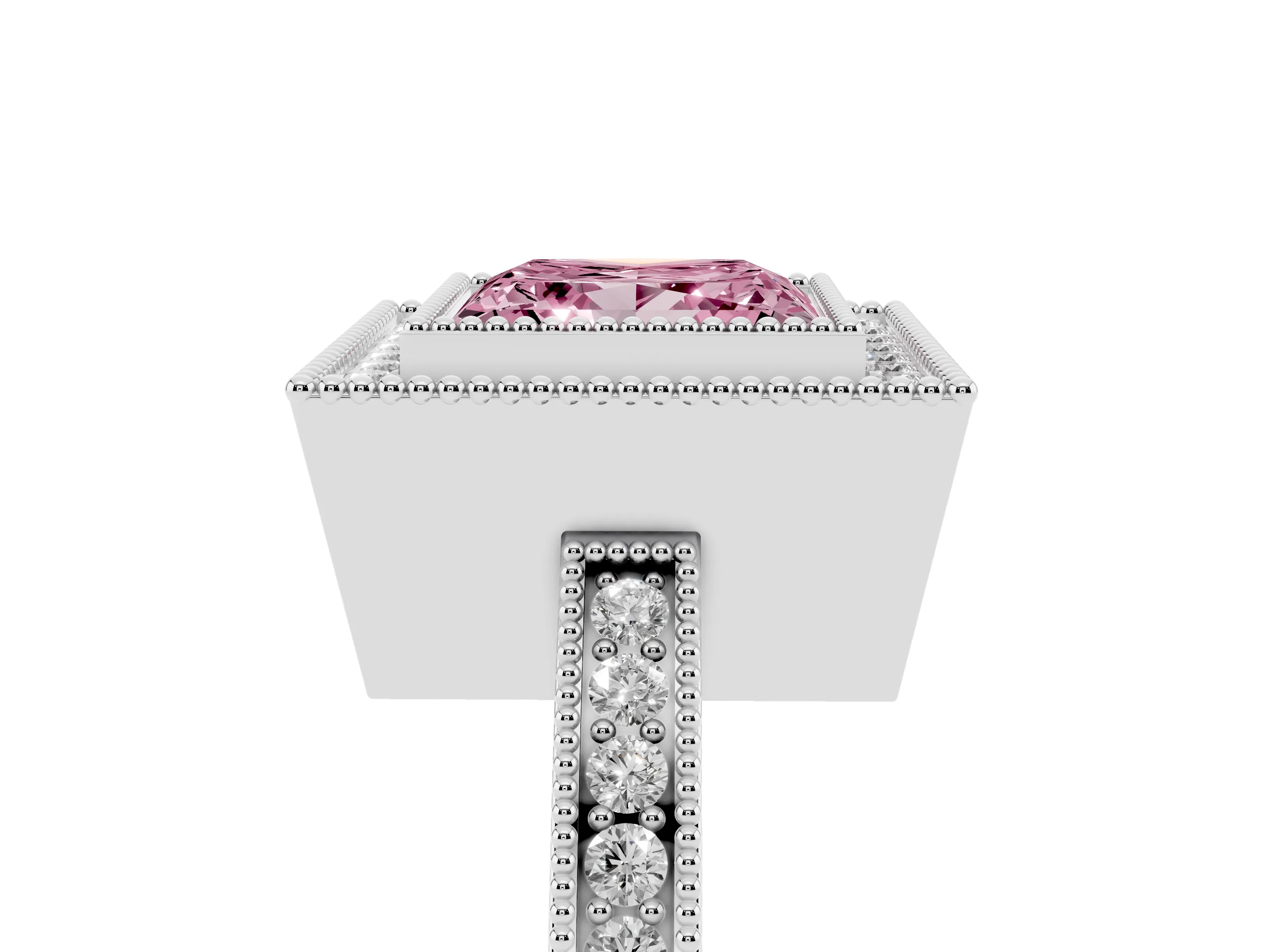 Fancy Pink Princess Cut Diamond Halo Ring Set in White gold with Pavé Band and Milgrain-Edged Prongs