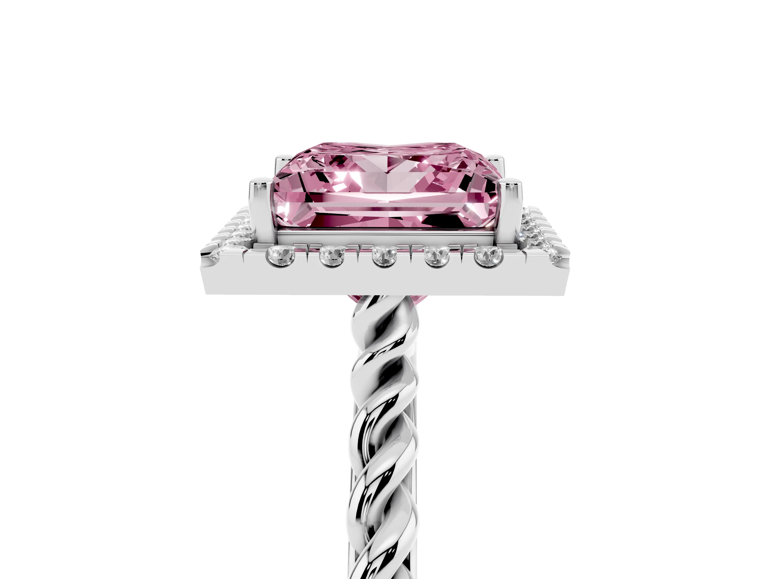 Fancy Pink Princess Cut Diamond Halo Ring Set in Platinum with Plain Twisted Band