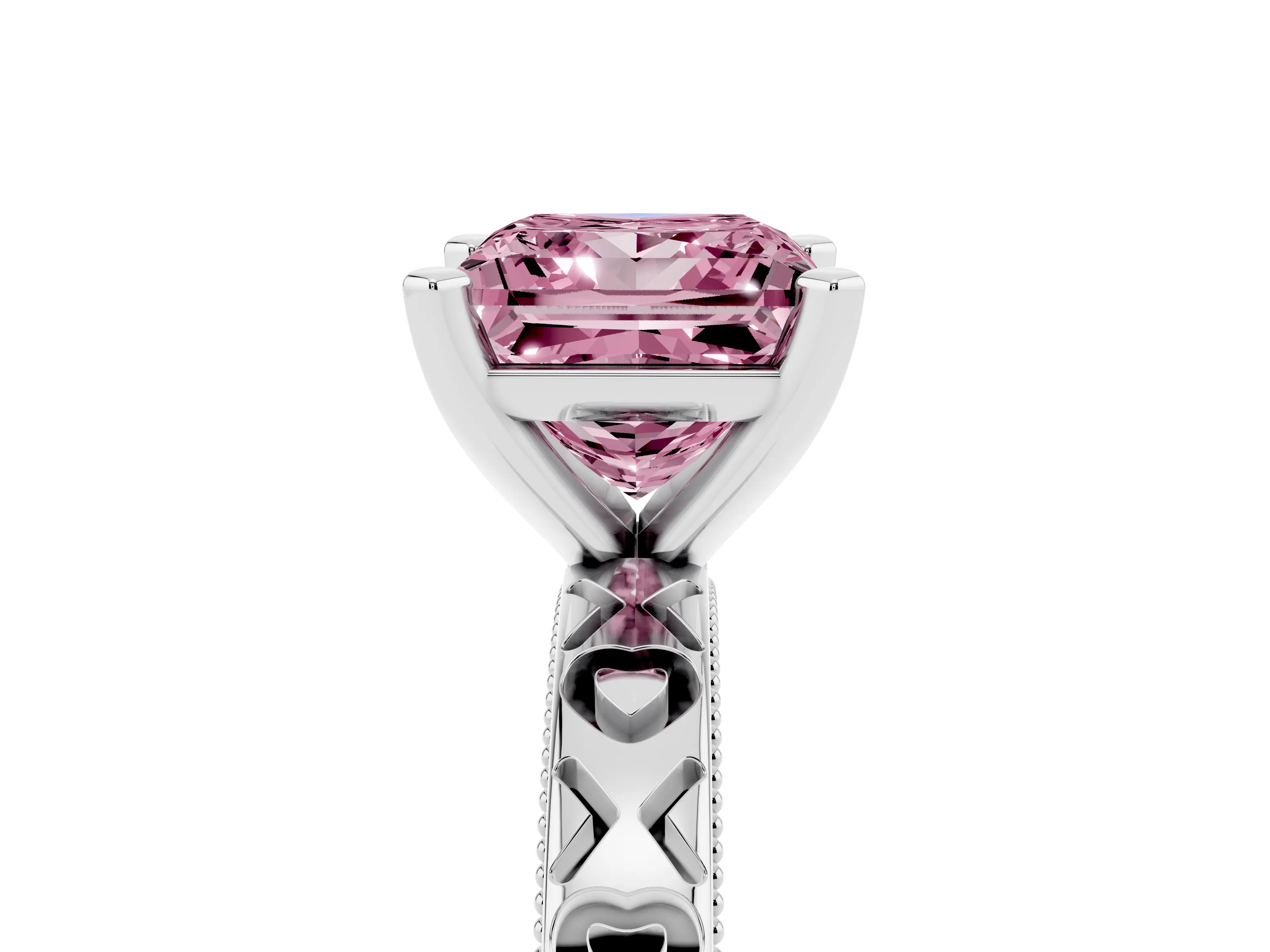 Fancy Pink Princess Cut Diamond Solitaire Engagement Ring Set in White gold with XO Engraved Band and Prong Setting