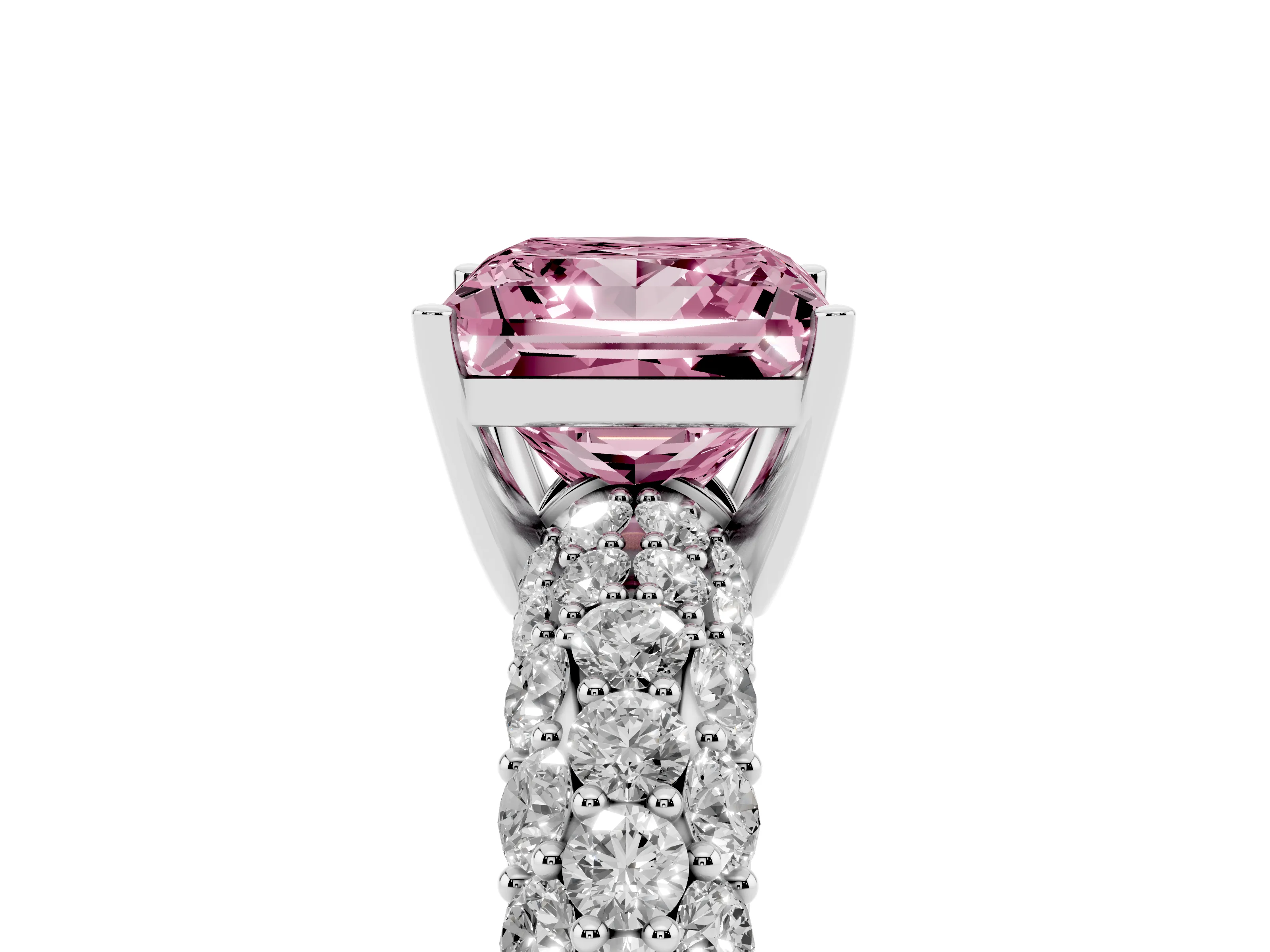 Fancy Pink Princess Cut Diamond Pavé Band Solitaire Ring Set in White gold with Close-Set Accent Stones and Prong Setting