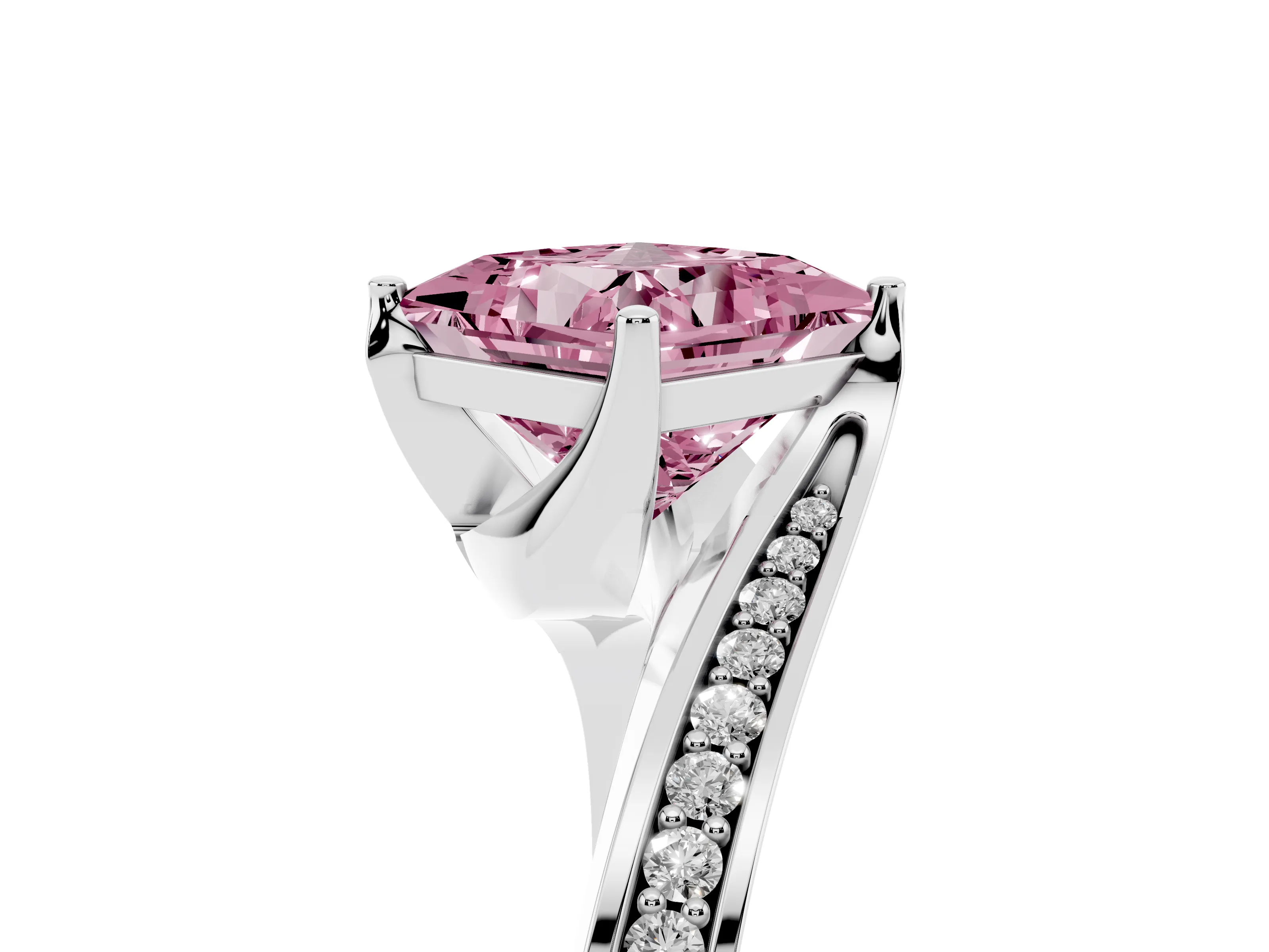 Fancy Pink Princess Cut Diamond Solitaire Ring Set in Silver with Intertwined Pavé Twist Band