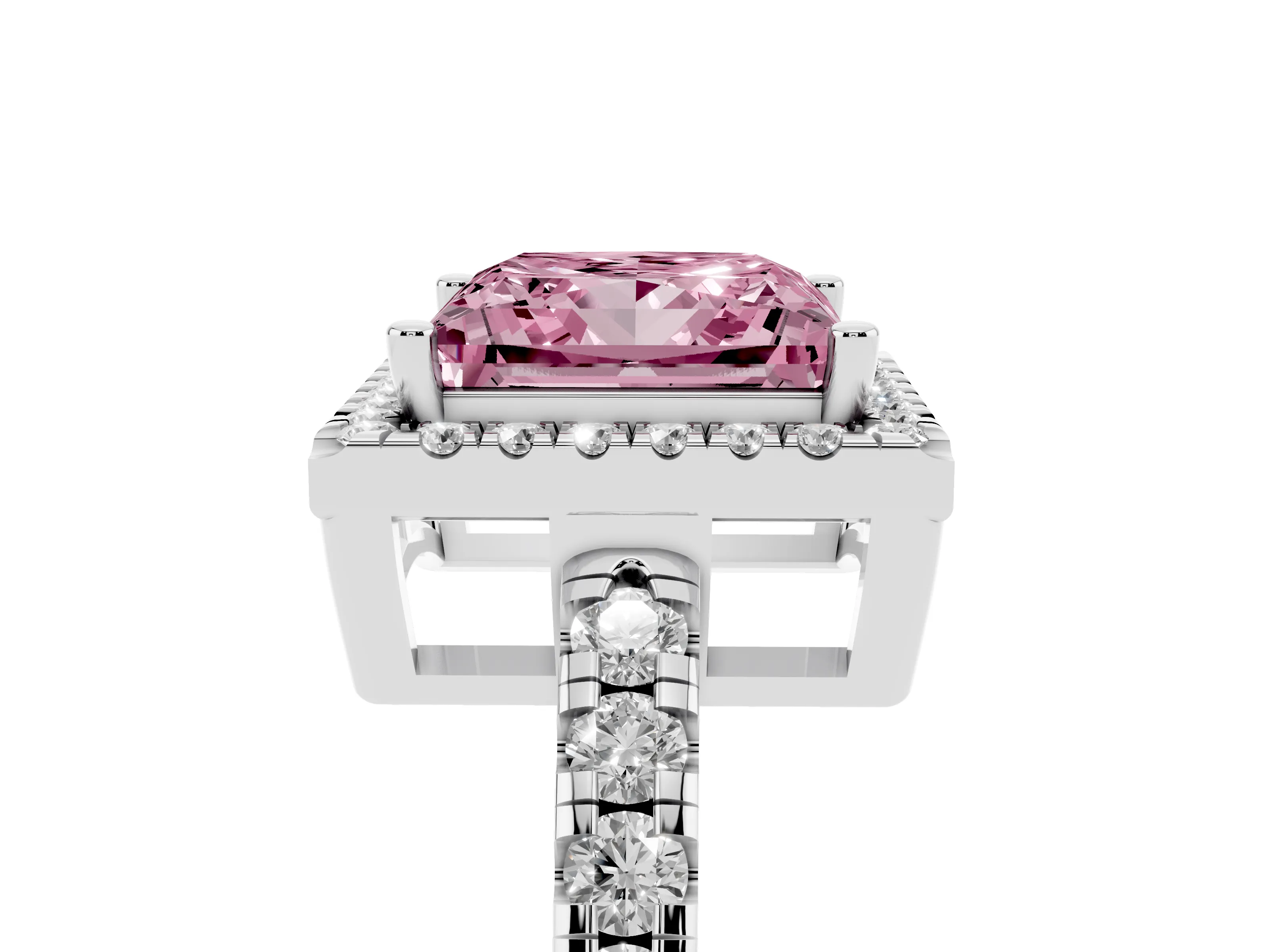 Fancy Pink Princess Cut Diamond Halo Ring Set in White gold with Delicate Pavé Band and Prong Setting