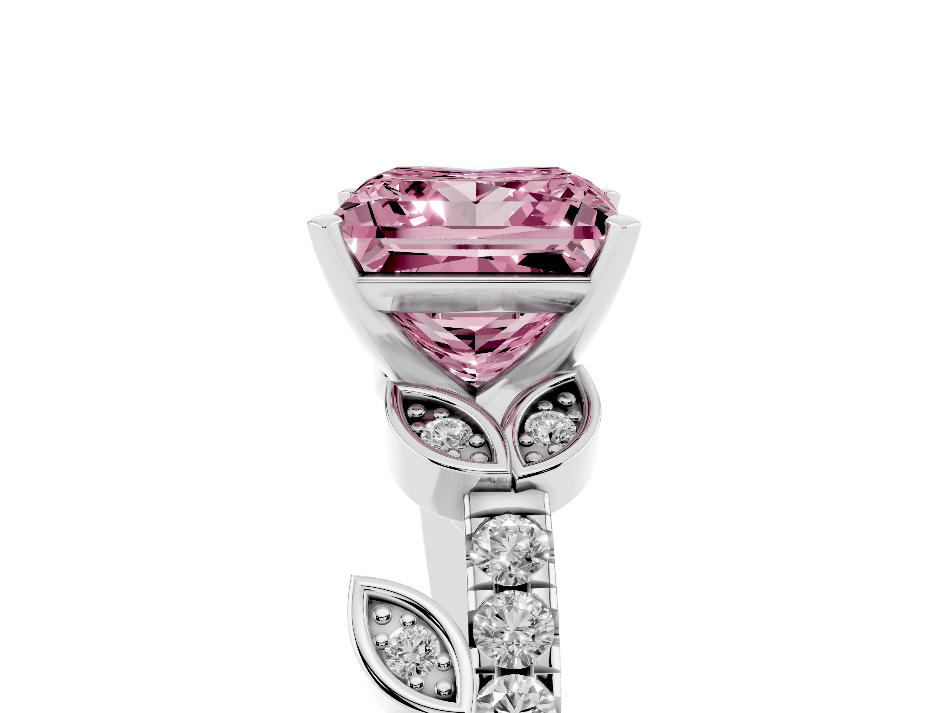 Fancy Pink Princess Cut Diamond Solitaire Leaf-Inspired Ring Set in White gold with Pavé Band and Prong Setting