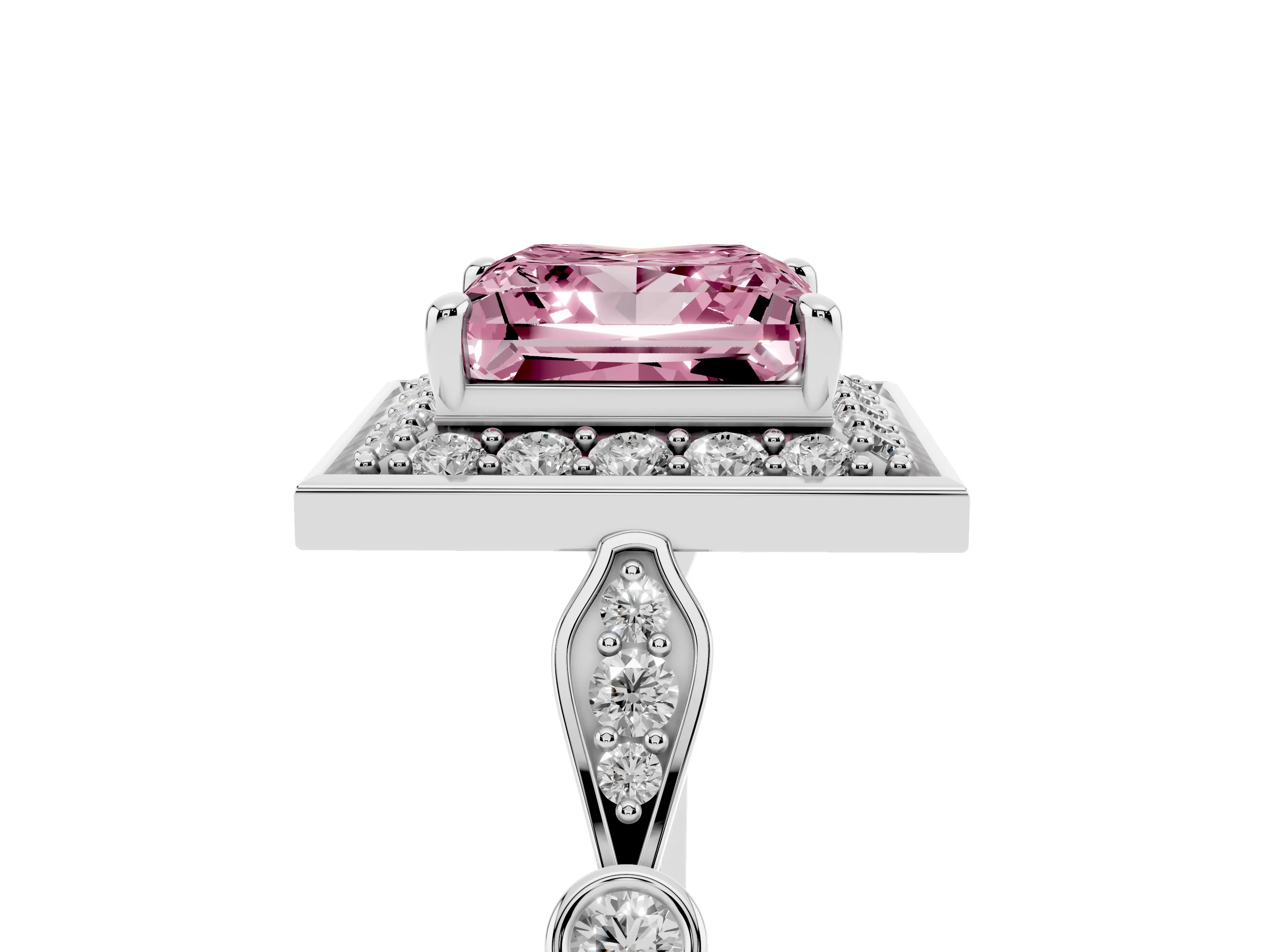 Fancy Pink Princess Cut Diamond Halo Engagement Ring Set in Platinum with Twisted Band and Prong Setting
