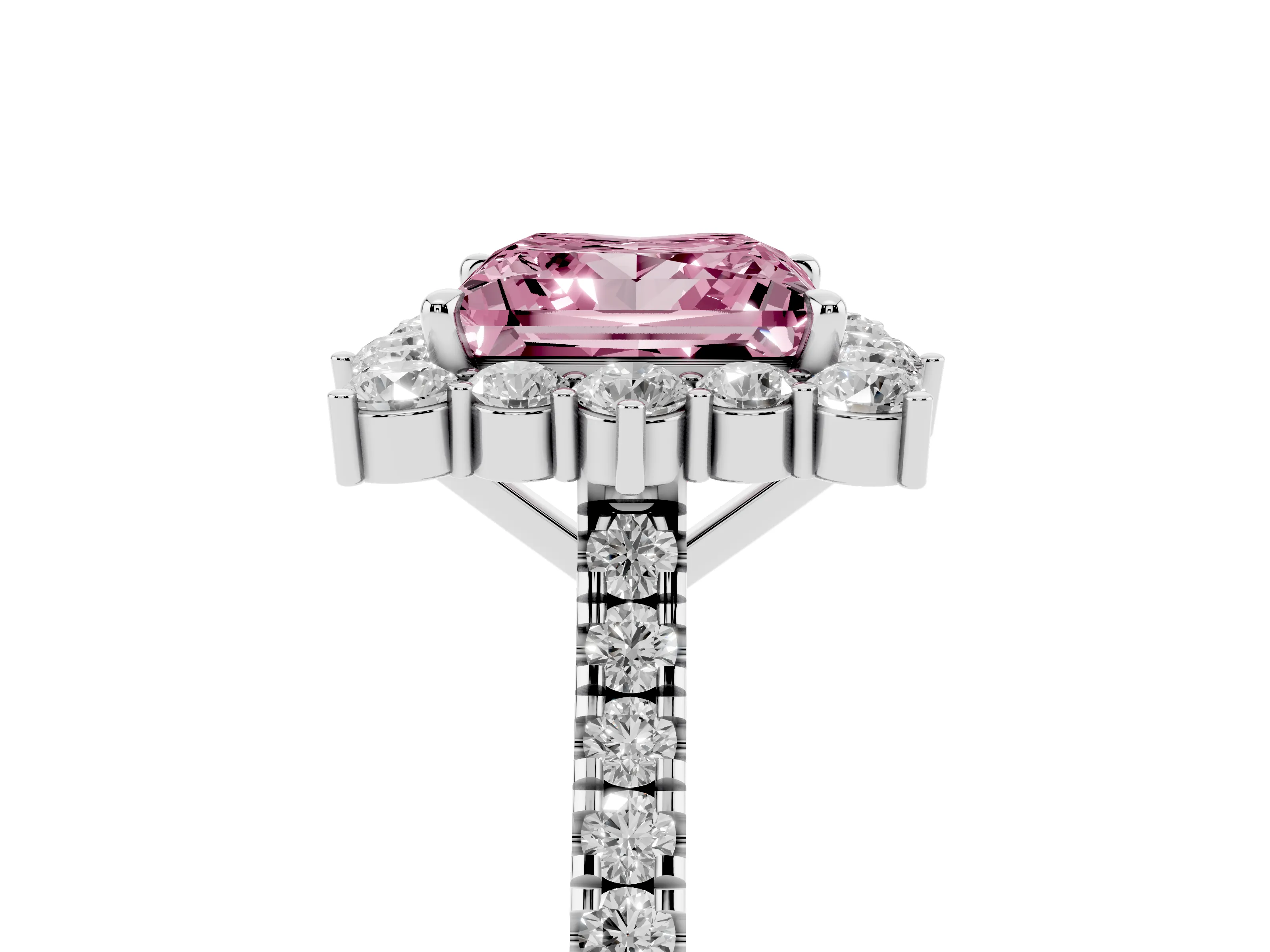 Fancy Pink Princess Cut Diamond Halo Ring Set in Silver with Pavé Band and Prong Setting