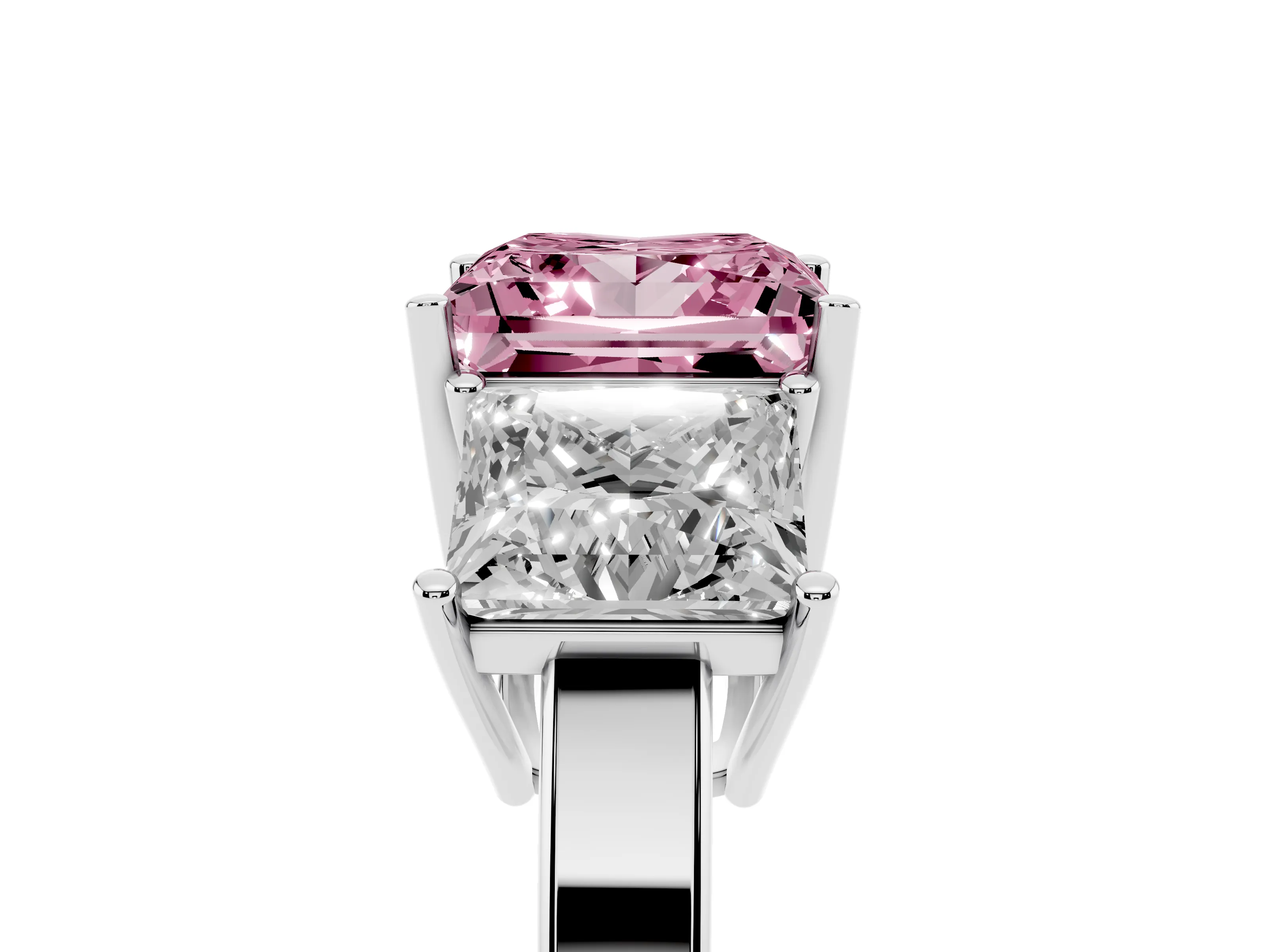 Fancy Pink Princess Cut Diamond Three-Stone Engagement Ring Set in Platinum with Flat Band